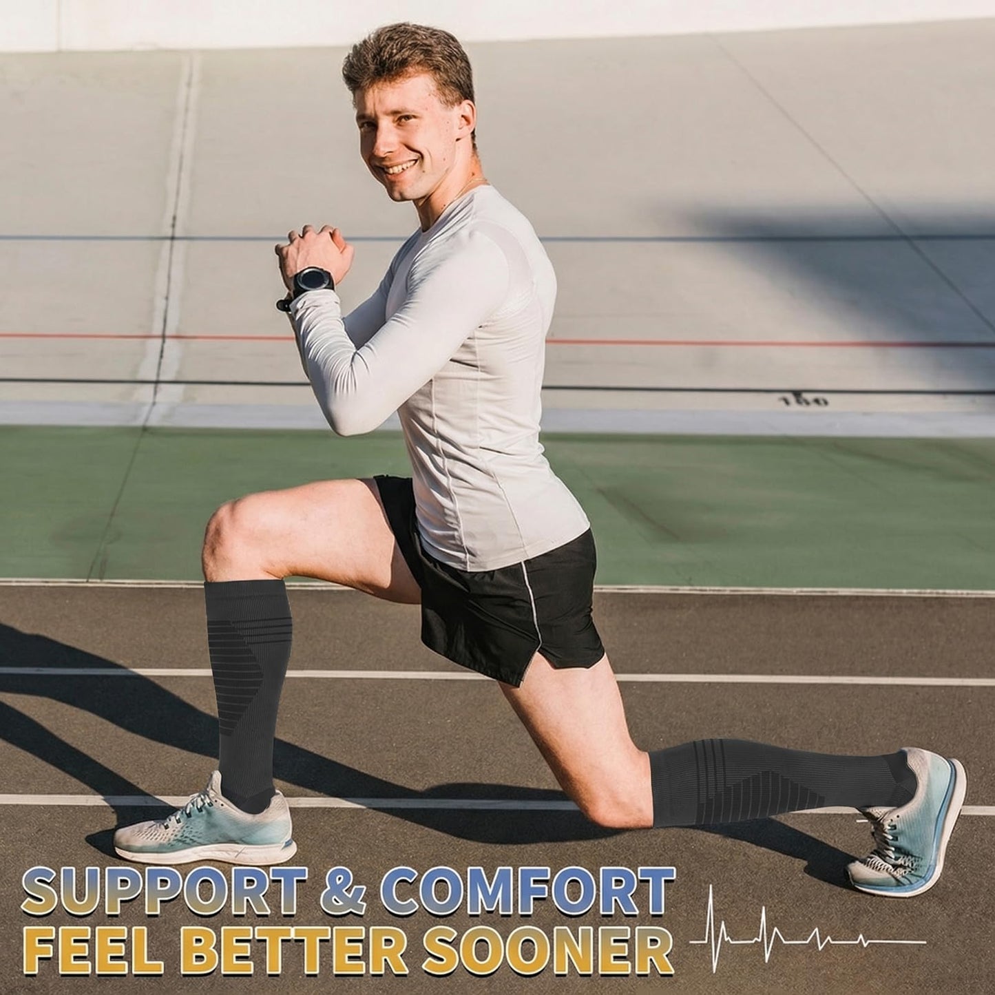 Sooverki Compression Socks for Men & Women Circulation 8 Pack 15-20mmHg - Knee High Stockings Best Support for Wide Calf Bulk Striped Running Athletic Work Travel Gifts