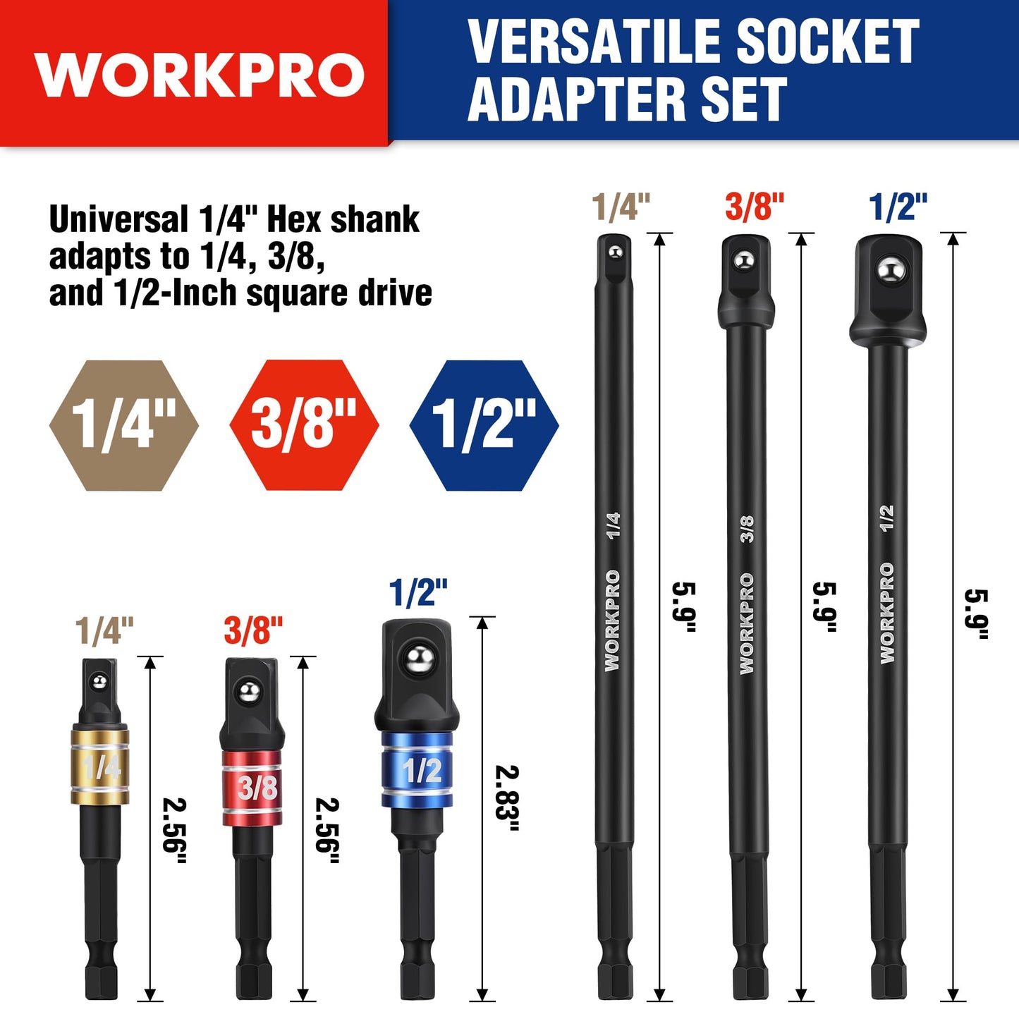 WORKPRO Impact Grade Socket Adapter Set (Basic/Swivel/Long), 1/4", 3/8", & 1/2" Drive, Extension Driver Bit With Case, for Power Drill to High Torque Impact Wrench, 9PCS