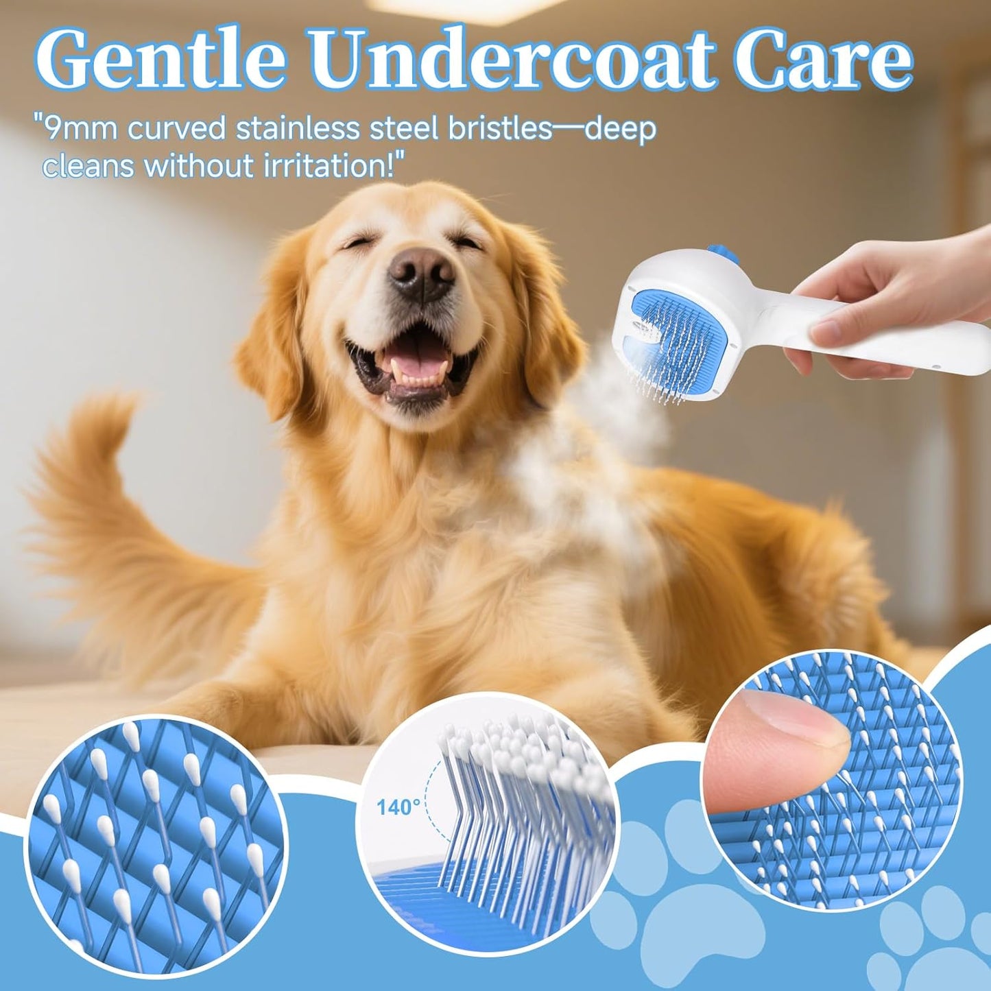 Skiennix Pet Steam Brush - 3-in-1 Grooming Tool for Dogs & Cats - Self-Cleaning Mist Comb, Blue