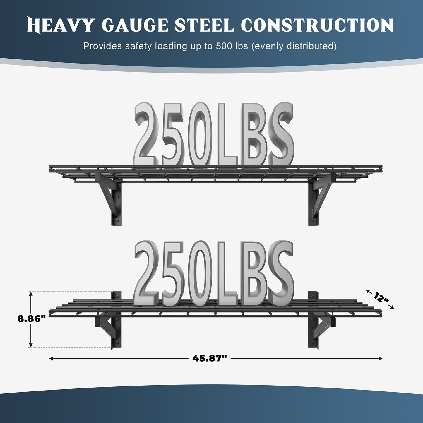 Jusgym 2 Pack Heavy Duty Garage Wall Shelving Set (1x4ft), Wall Mounted Garage Shelves 500lbs Capacity, 12"x48" Shelf Storage Rack Floating Shelves, Black