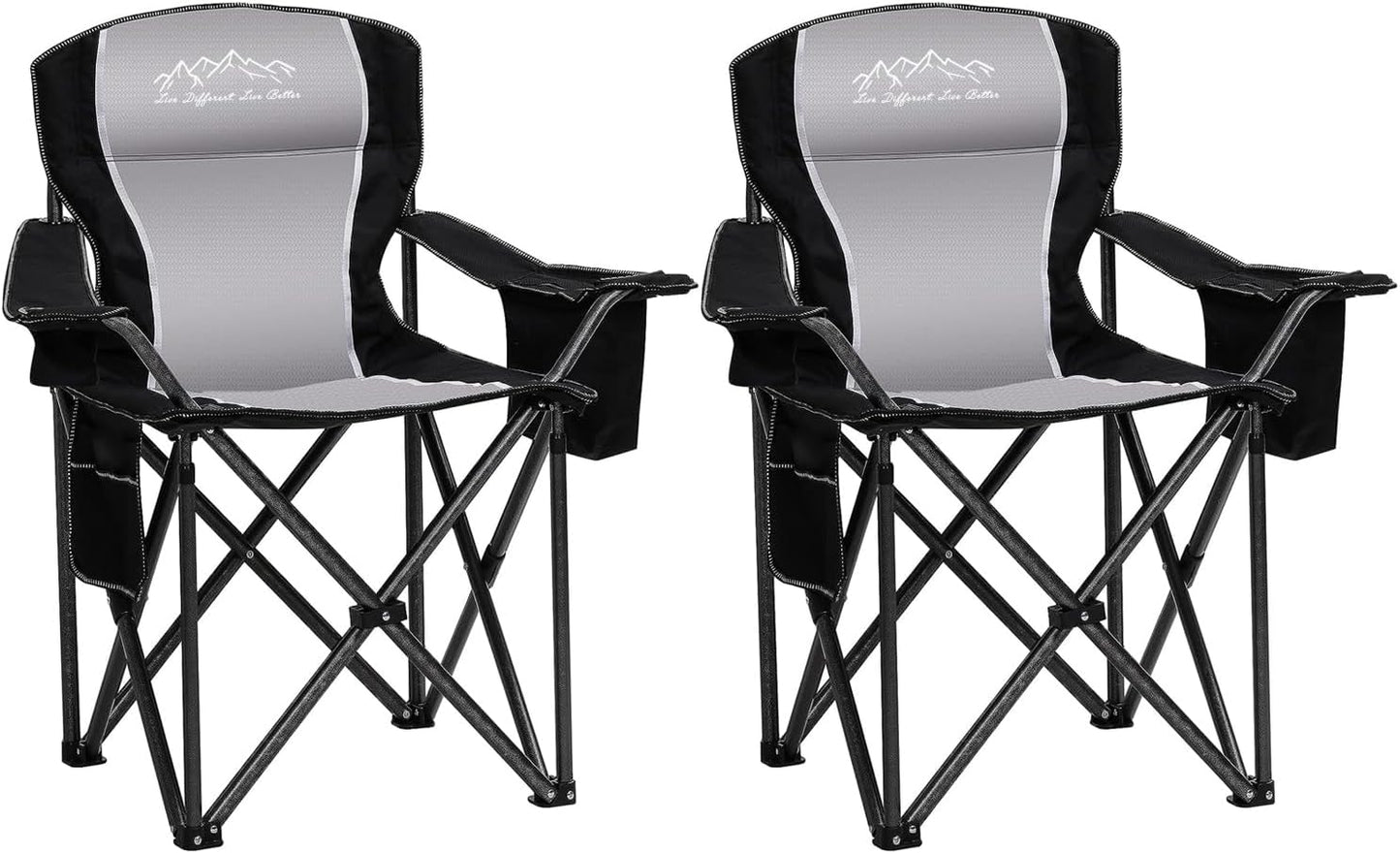 Skiennix Folding Camping Chairs - Heavy Duty Portable Lawn Chairs with Cooler Bag & Cup Holder | Supports 450lbs, Black - 2PCS Set