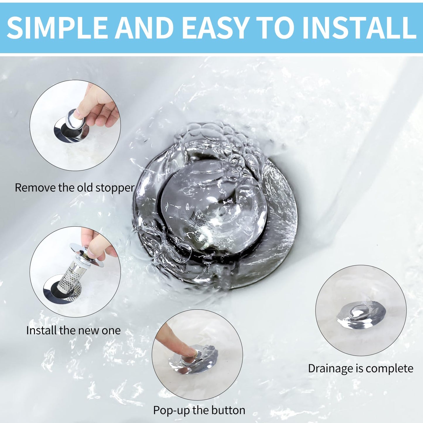 2 Pcs Universal 2-in-1 Sink Stop&Drain Strainer-Upgraded Pop-Up Design Sink Drain Plug Strainer with Stainless Steel Anti-Pooling Basket and Cleaning Brush for U.S. 1.1-1.6 Inch Drain Holes