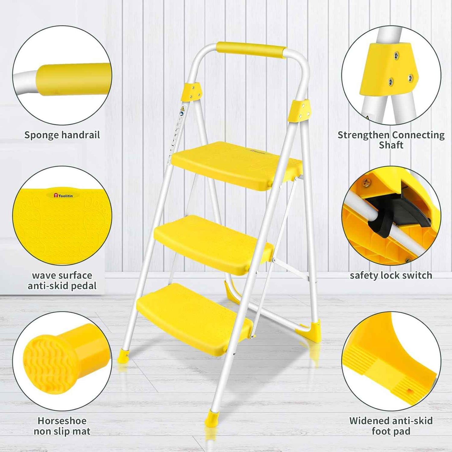 Portable 3-Step Folding Ladder - Sturdy Steel Step Stool with Anti-Slip Pedal & Handgrip, 500lbs Capacity for Home & Office