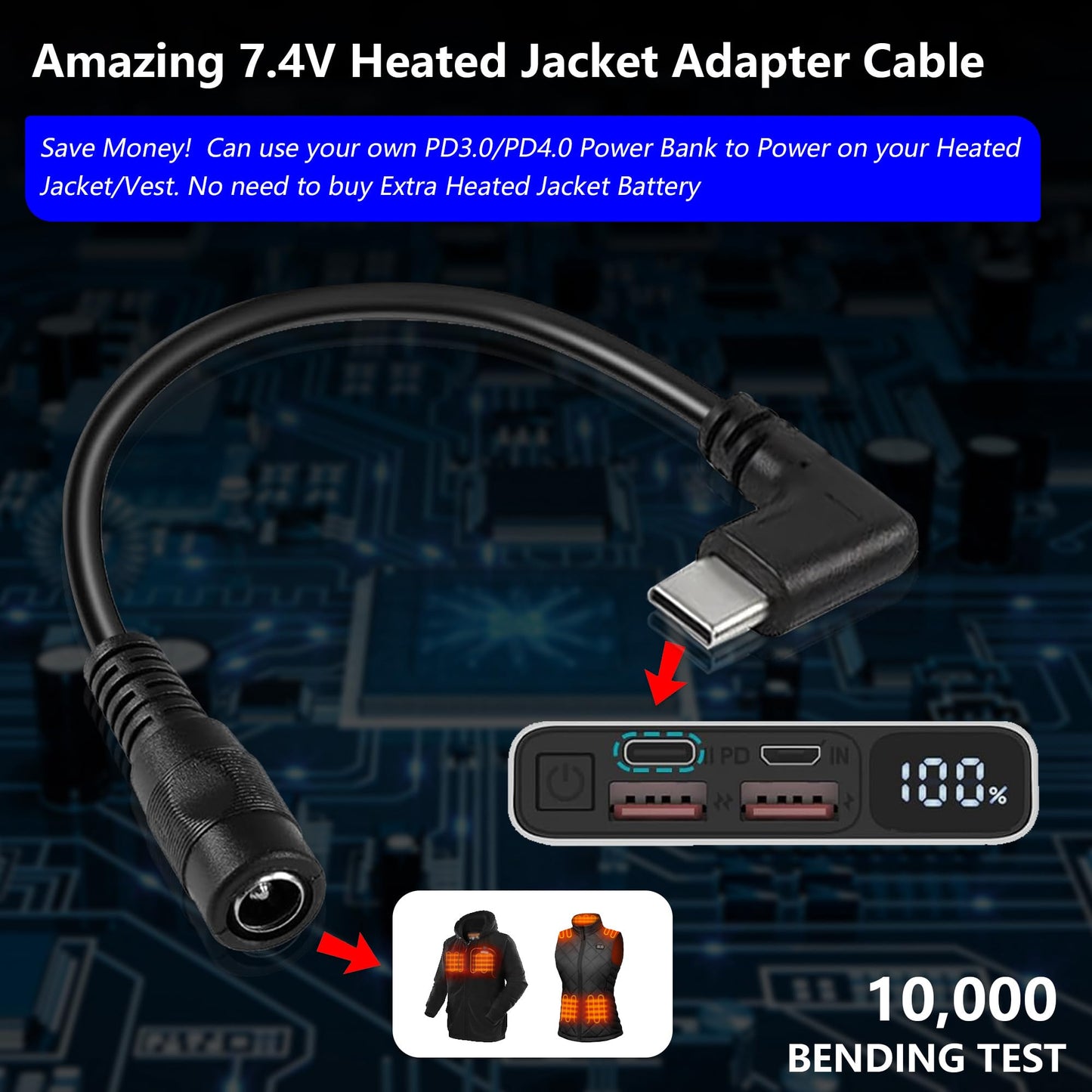 Wamlet 7.4V Heated Jacket and Heated Vest Battery Step-up Adapter Charger for Ororo,Venustas,WASOTO,Topdot, and Gobi Heat Heated Garments and Heated Seating(Black,2pcs)