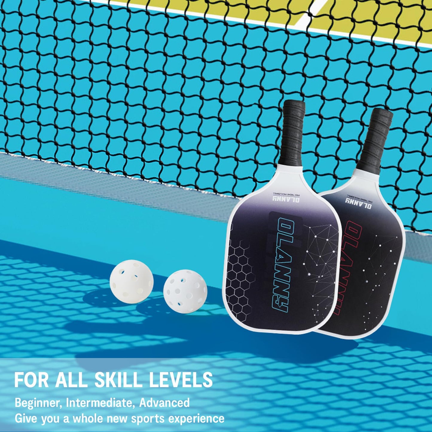 OLANNY Pickleball Paddles - Premium Rackets Face & Polymer Honeycomb Core Includes 4 Pickleball Paddles+ 2 Indoor Balls+ 2 Outdoor Balls+ 1 Portable Carry Bag
