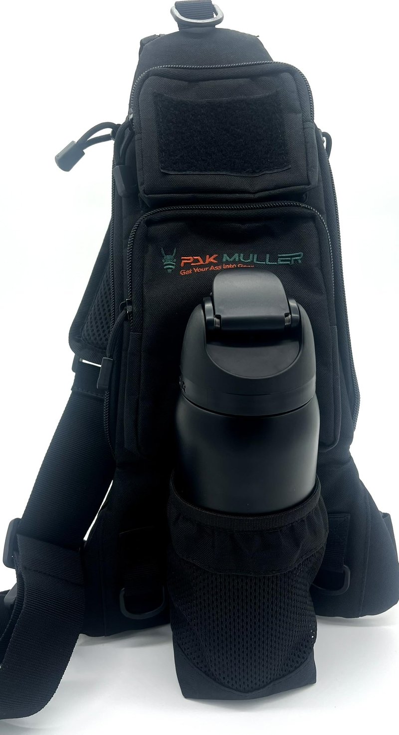 Pak Muller Crossbody Sling Bag Water Bottle Holder, RFID Back Pocket, Travel, Hiking, Everyday Go Bag, Chest Bag, Unisex, Slim Profile, Mid-Size (Black)