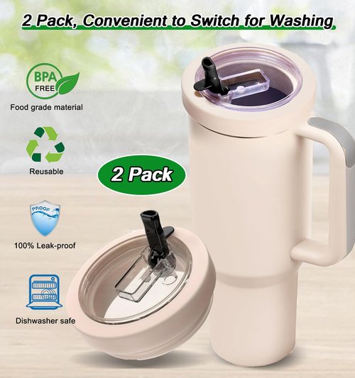 Leak Proof Lid for Stanley Quencher 40 oz, 2 Pack Flip Straw Cover Top for Stanley Cup Accessories, 40 oz Tumbler Lid & Straw Set 100% Spill Proof-【Food Grade Silicone Material】
