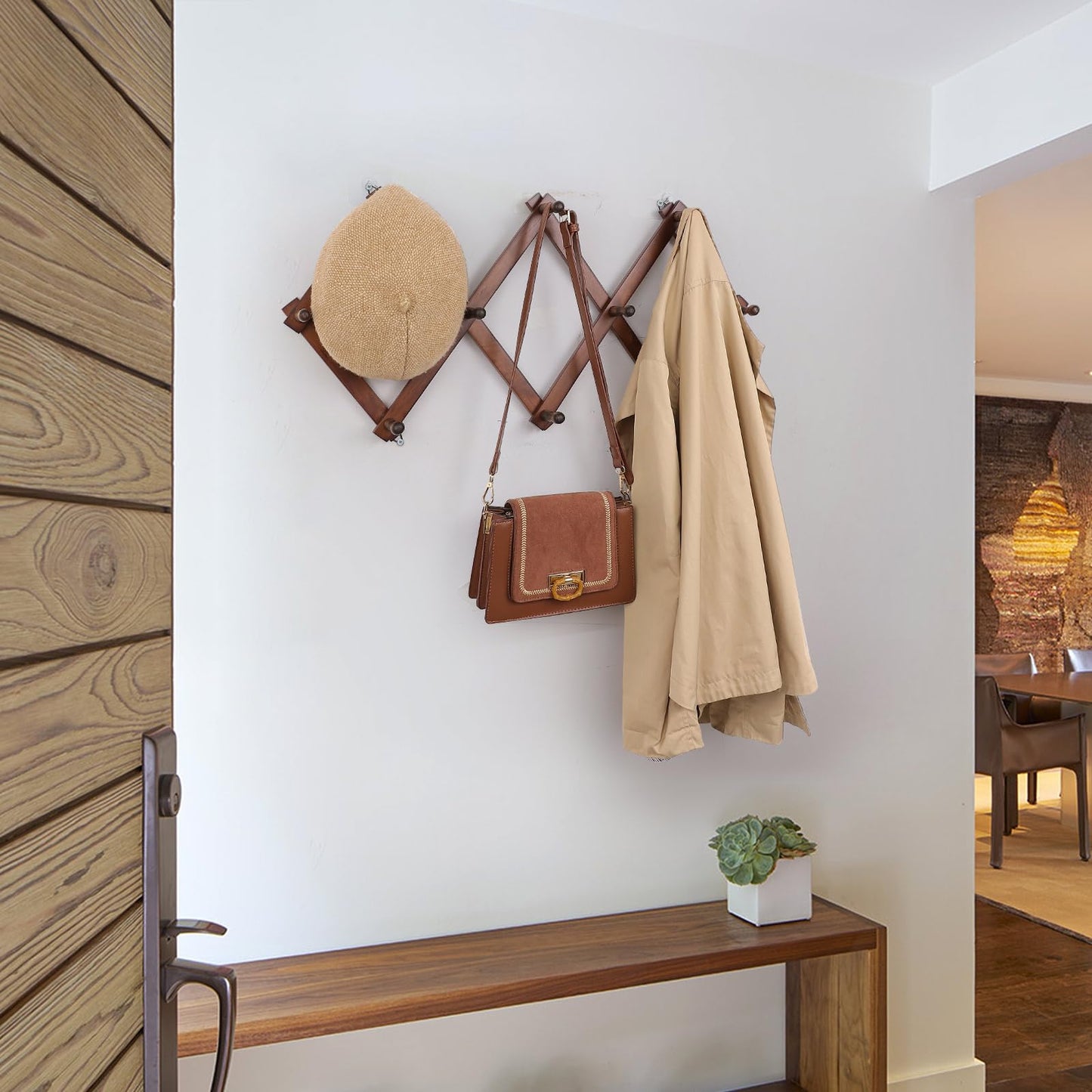 SCUNDA Wall Rack with 10 Hooks, Wooden Wall Expandable Coat Rack for Coat, Hats, Baseball Caps, Coffee Mug, Jewelry(Brown)