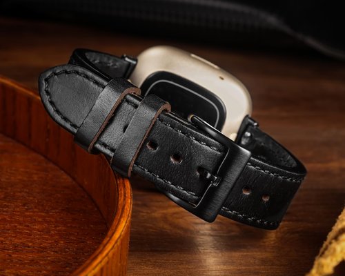 Genuine Horween Leather Black Watch Band Compatible with Fitbit Versa 3 / Versa 4 / Fitbit Sense 1 / Sense 2 for Men And Woman.