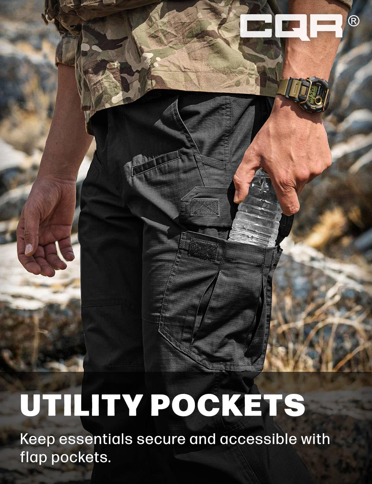 CQR Men's Tactical Pants, Water Resistant Ripstop Cargo Pants, Lightweight EDC Work Hiking Pants, Outdoor Apparel, Raider Black, 42W x 32L