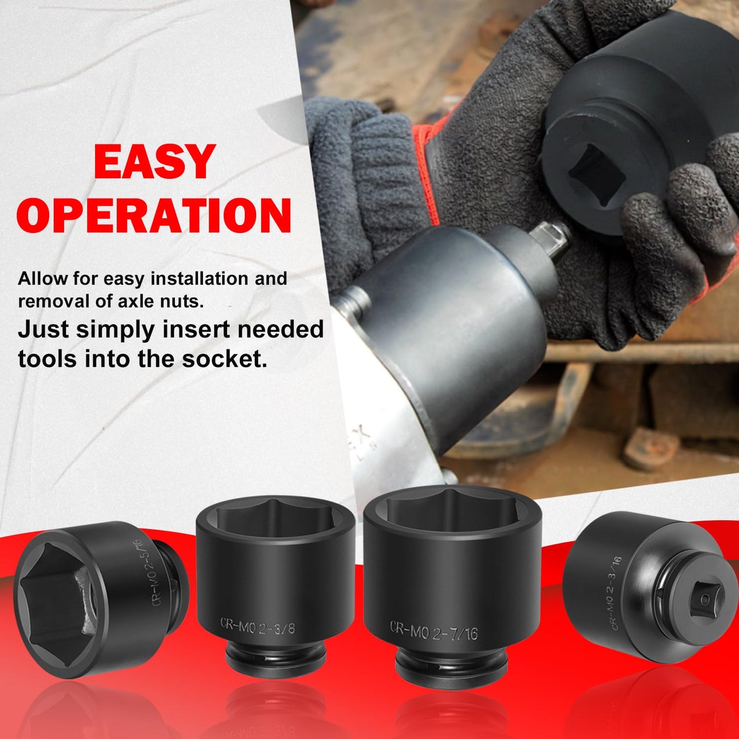 8PCS 3/4" Drive Spindle Axle Nut Impact Large Socket Set, 2-1/16" to 2-1/2", CR-MO Steel, 6-Point