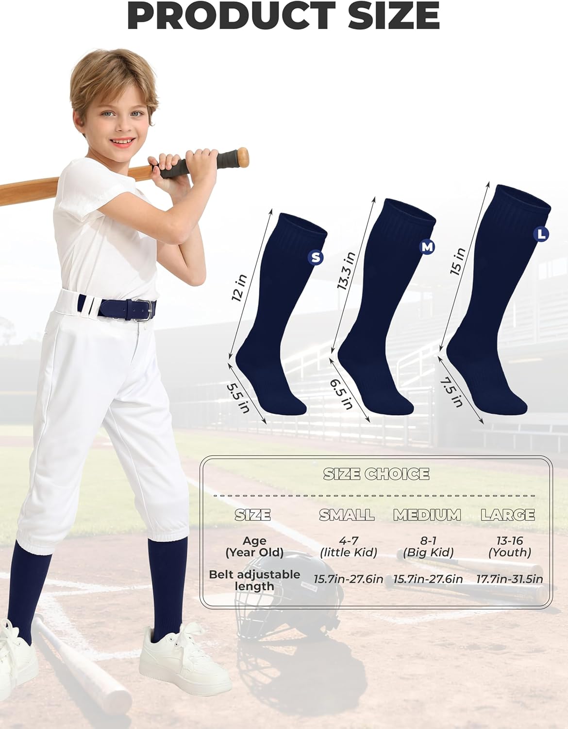 Skiennix Baseball Socks and Belt Combo - 3 Pairs Youth Softball Football Socks with Elastic Belts