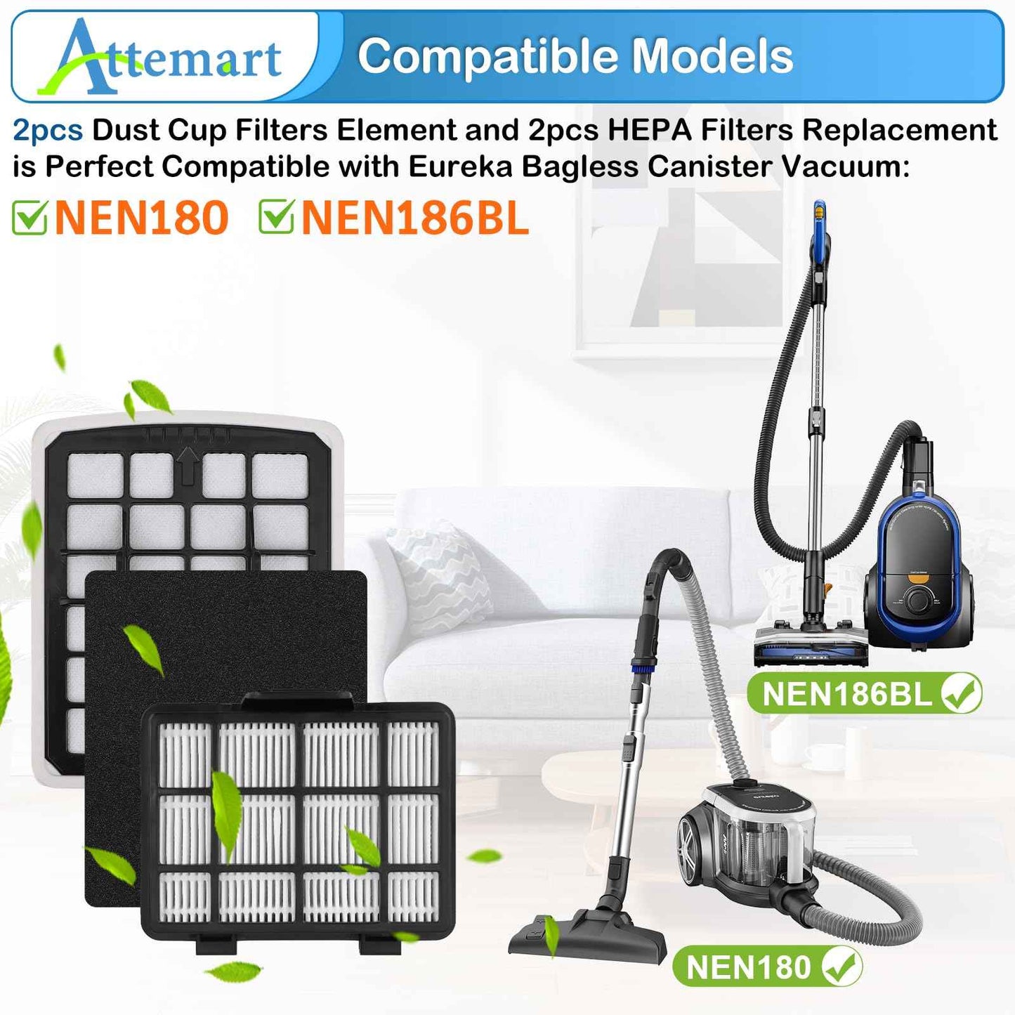 Attemart Replacment Filter Compatible with Eureka NEN186BL NEN180 Bagless Canister Vacuum Cleaner Replacement Parts, 2 Filters & 2 Dust Cup Filters Element, 4 Pack