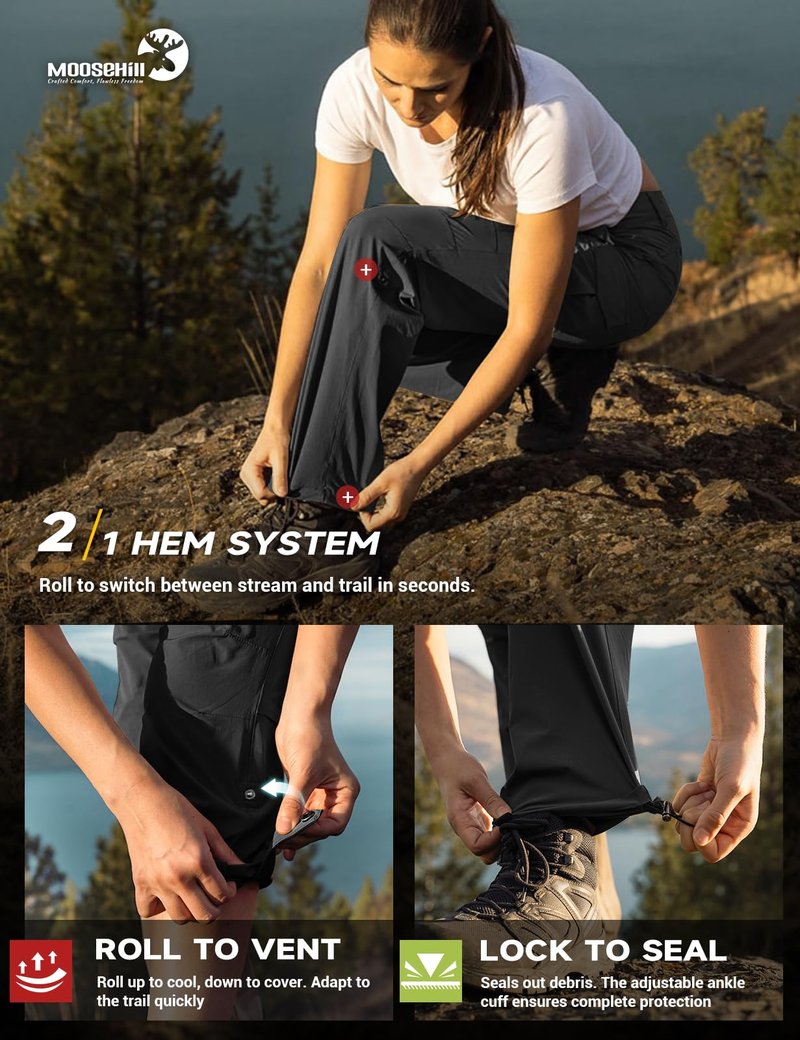 Moosehill Women's Hiking Pants Lightweight Quick Dry Water Resistant Cargo Travel Work Summer Pants for All Seasons (Black,12)
