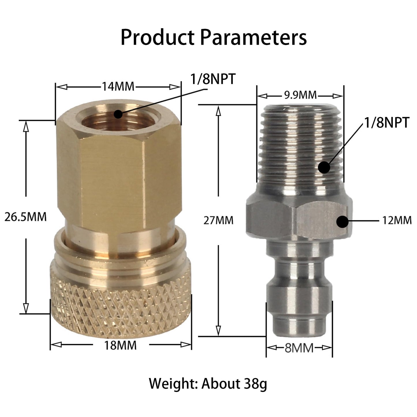 HMKUGO 1/8 NPT Female Connector and 8mm Male Plug Fill Nipple Quick-Disconnect Set, Copper - Stainless Steel - Remote Line Male & Female Set for PCP Foster Paintball Airsoft Air Gun Tool
