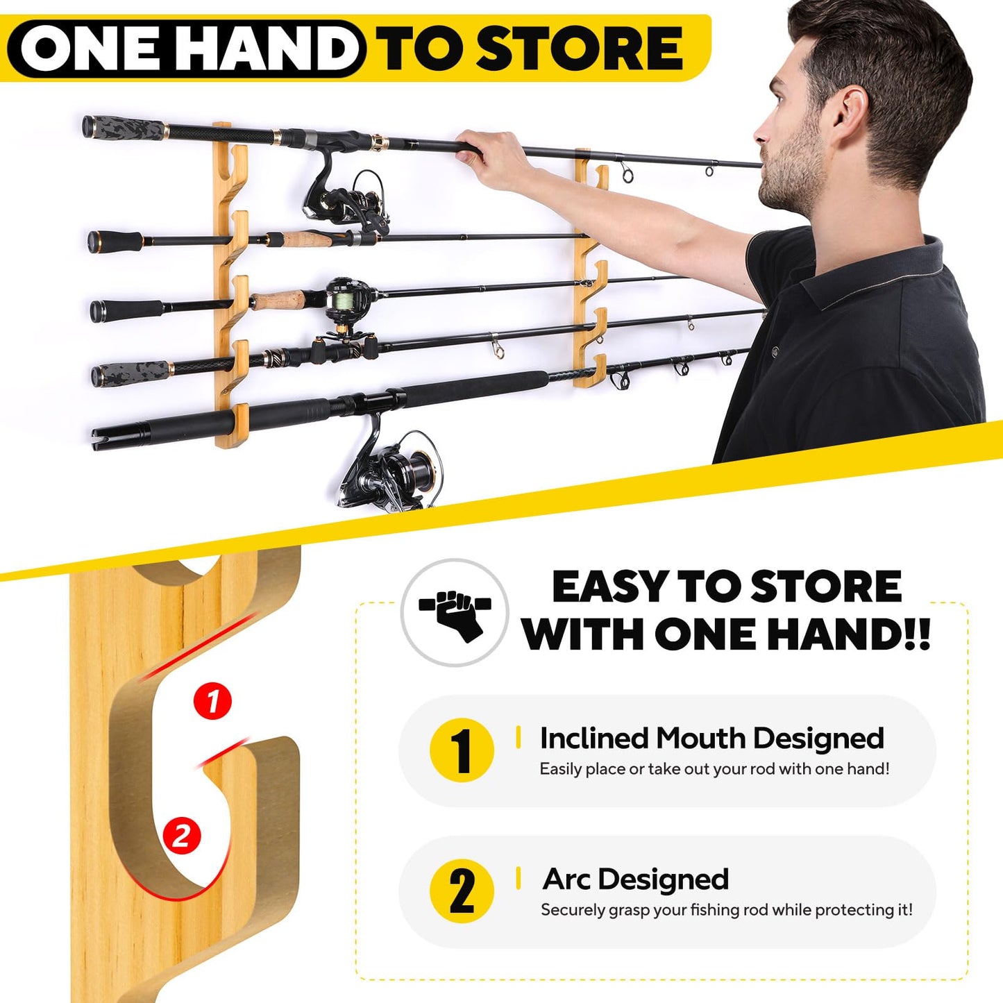 PLUSINNO H5W Horizontal Fishing Rod/Pole Holders for Garage, Wall or Ceiling Mounted Rack, Solid Wood Fishing Rod Holder Holds up to 5/10/20 Rods or Combos Fishing Gear, Gifts for Men