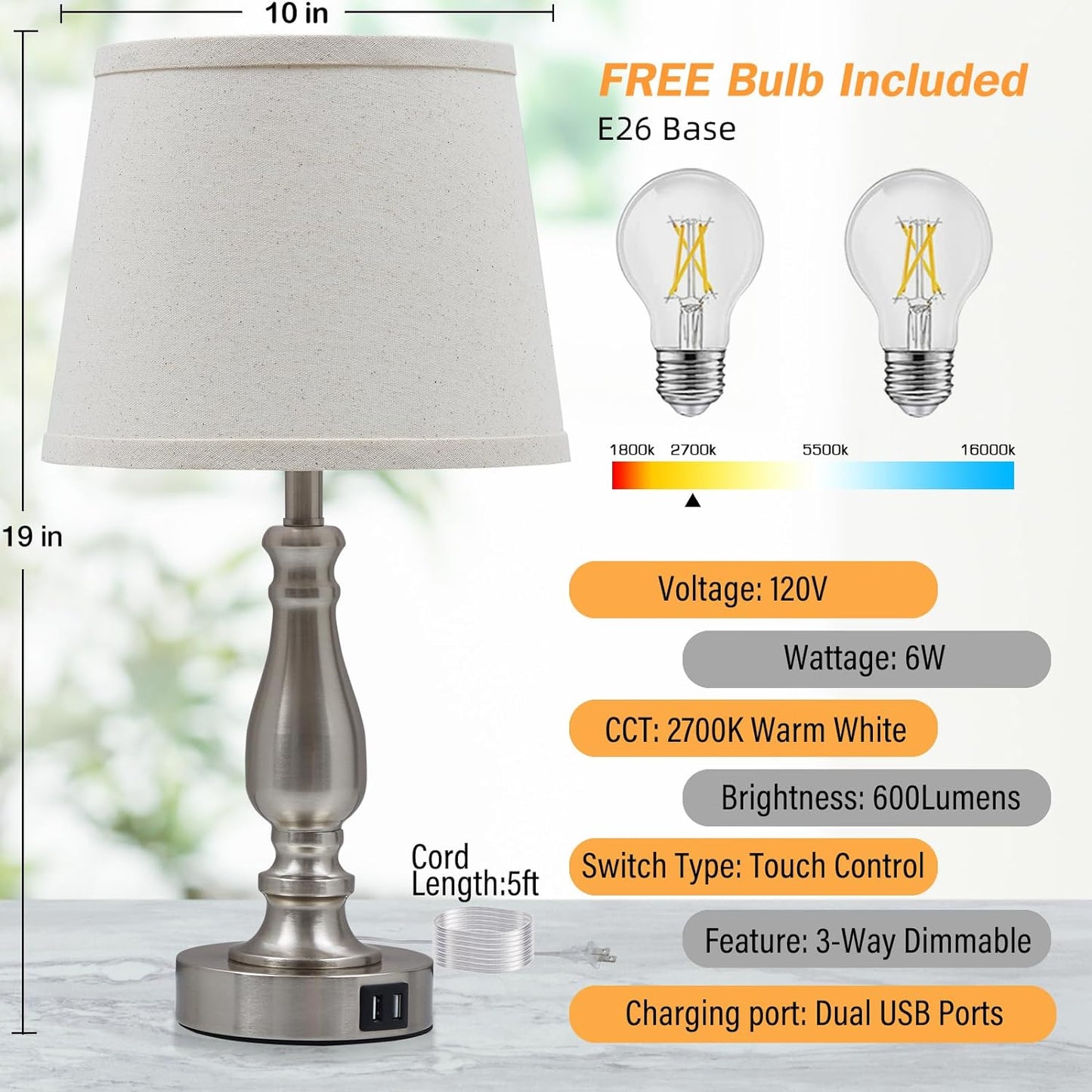 Touch Bedside Table Lamps Set of 2 with USB C+A Ports - 3-Way Dimmable Linen Shade