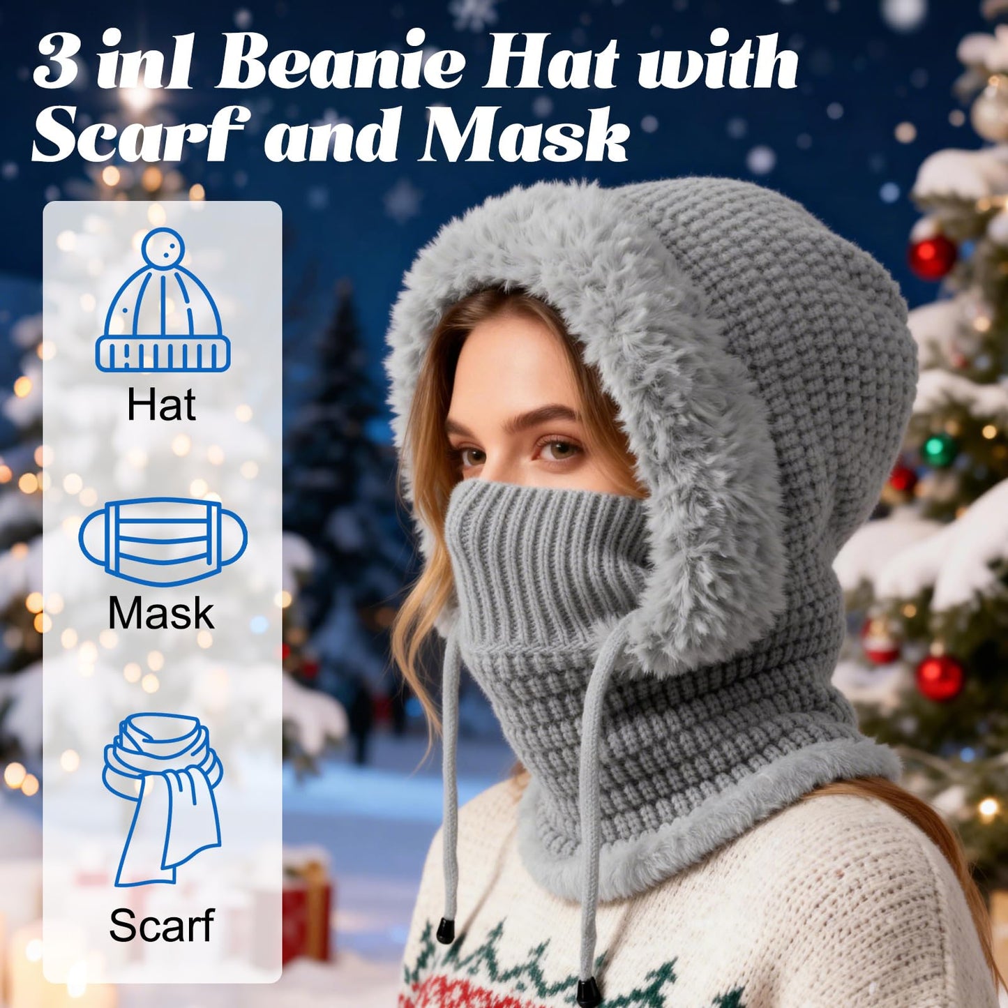 3 in 1 Beanie Hat for Women, 3 in 1 Beanie Hat with Scarf and Mask, Women's Outdoors Windproof Scarf Hat (Black)