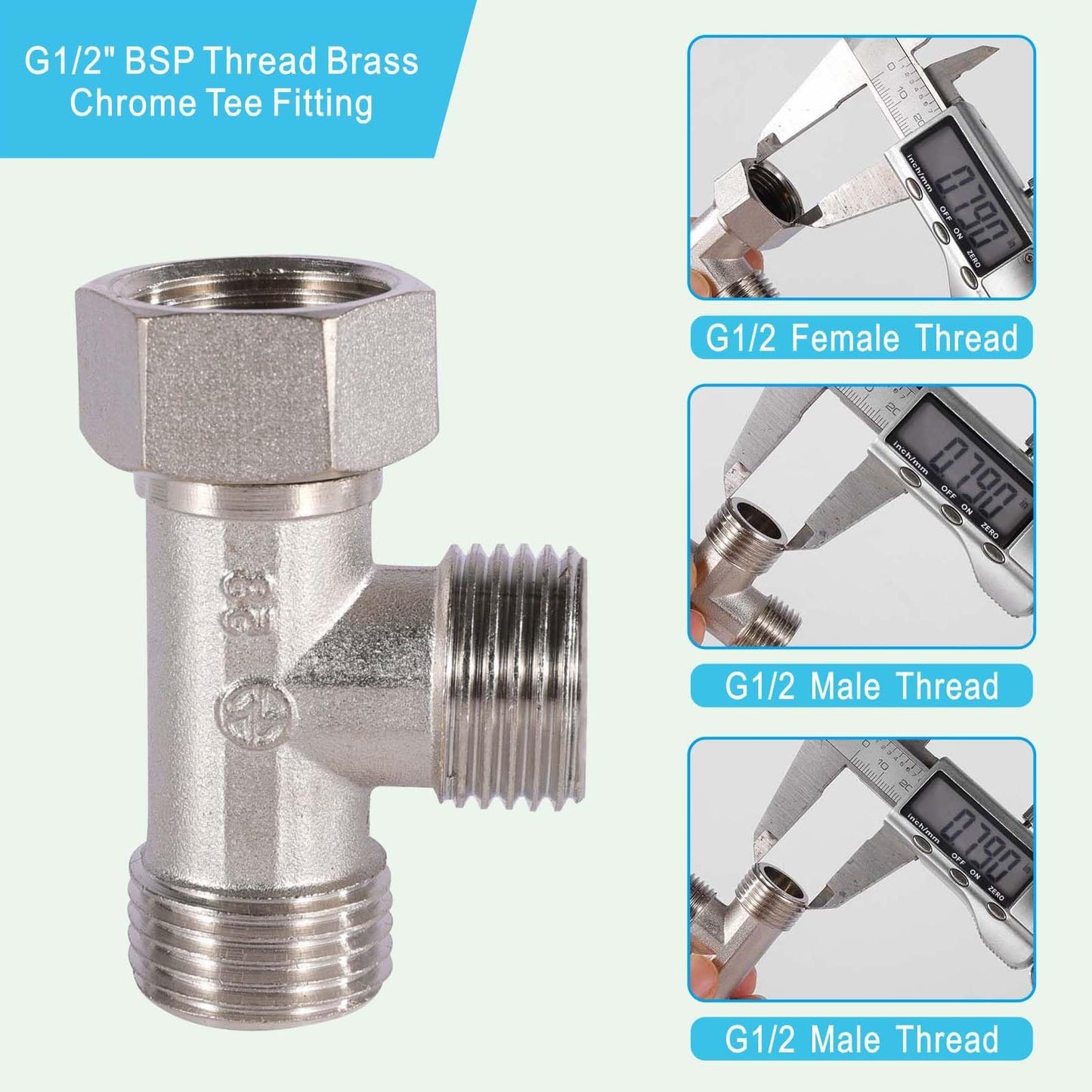 XNTONG – G1/2" BSP Tee Fitting, 3-Way Chrome-Plated Brass Connector, G1/2 Male x Male x Female Threads, Shower Arm Splitter for Handheld Showerhead, Bidet T Adapter, Includes Washer and PTFE Tape
