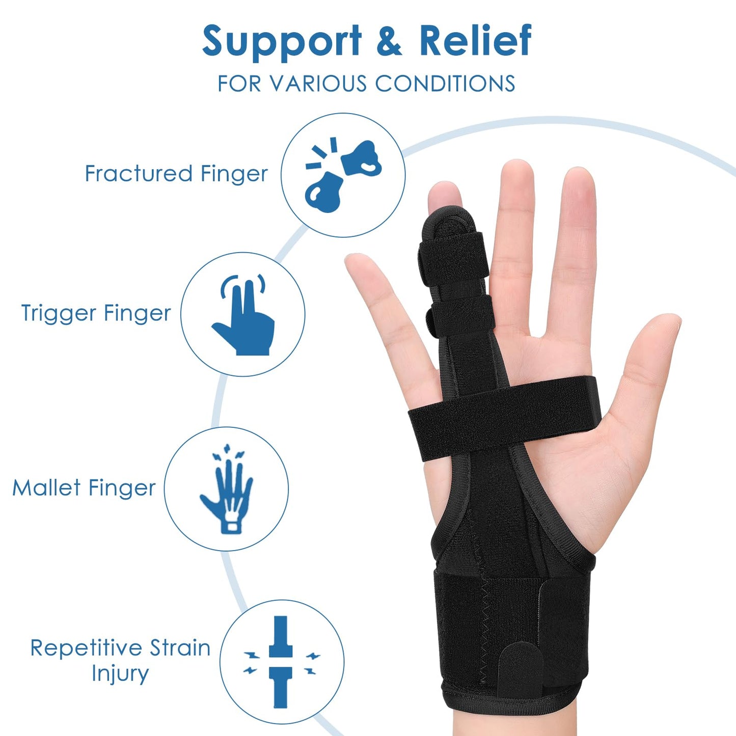 PKSTONE Full Trigger Finger Splint - Hand and Wrist Brace Support for Sprains, Pain Relief, Arthritis, Tendonitis, Fractured Finger - Adjustable Locking Straightener