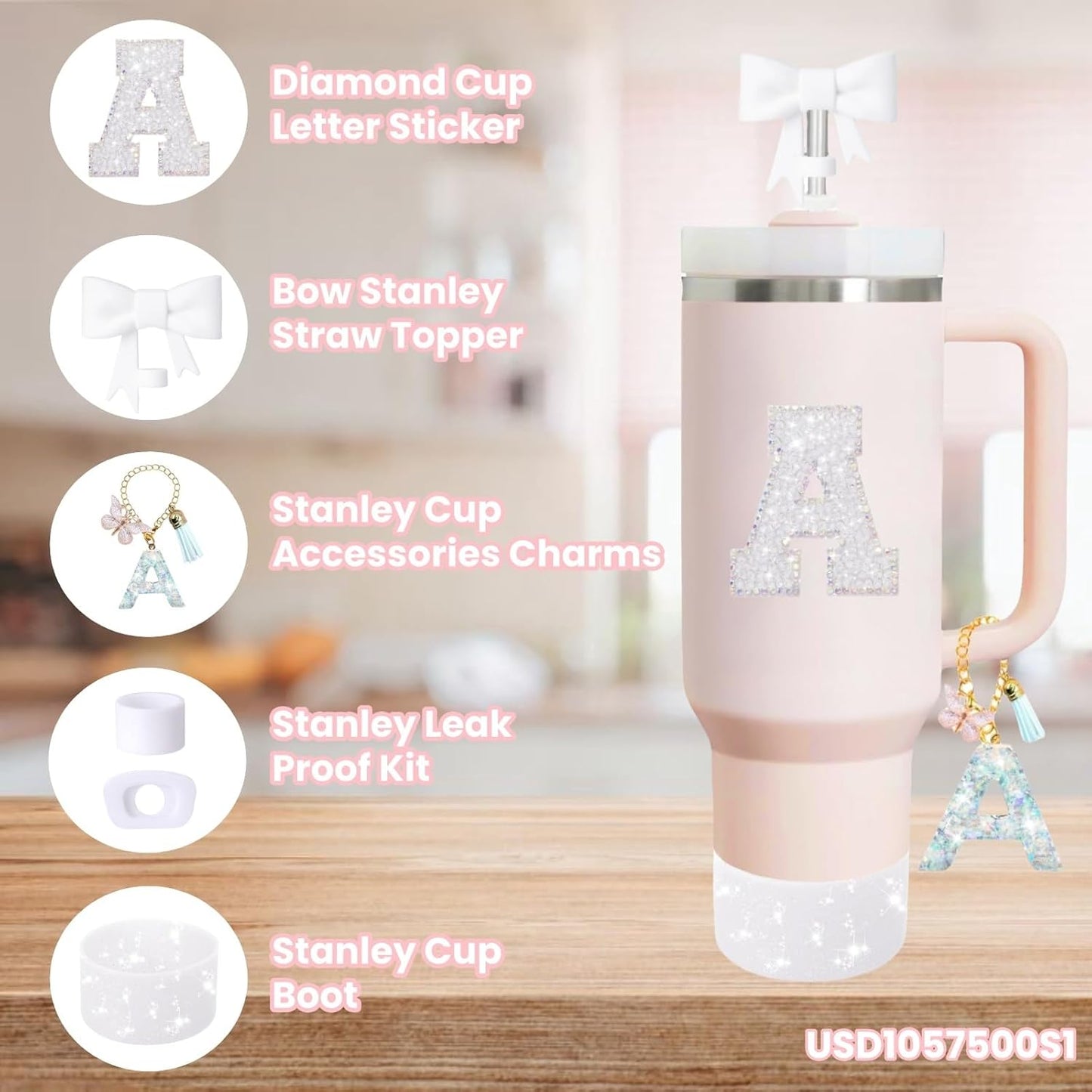 Stanley Cup Accessories Set - 6PCS Personalized Handle Charm & Spill Proof Stopper | Fits 30oz & 40oz