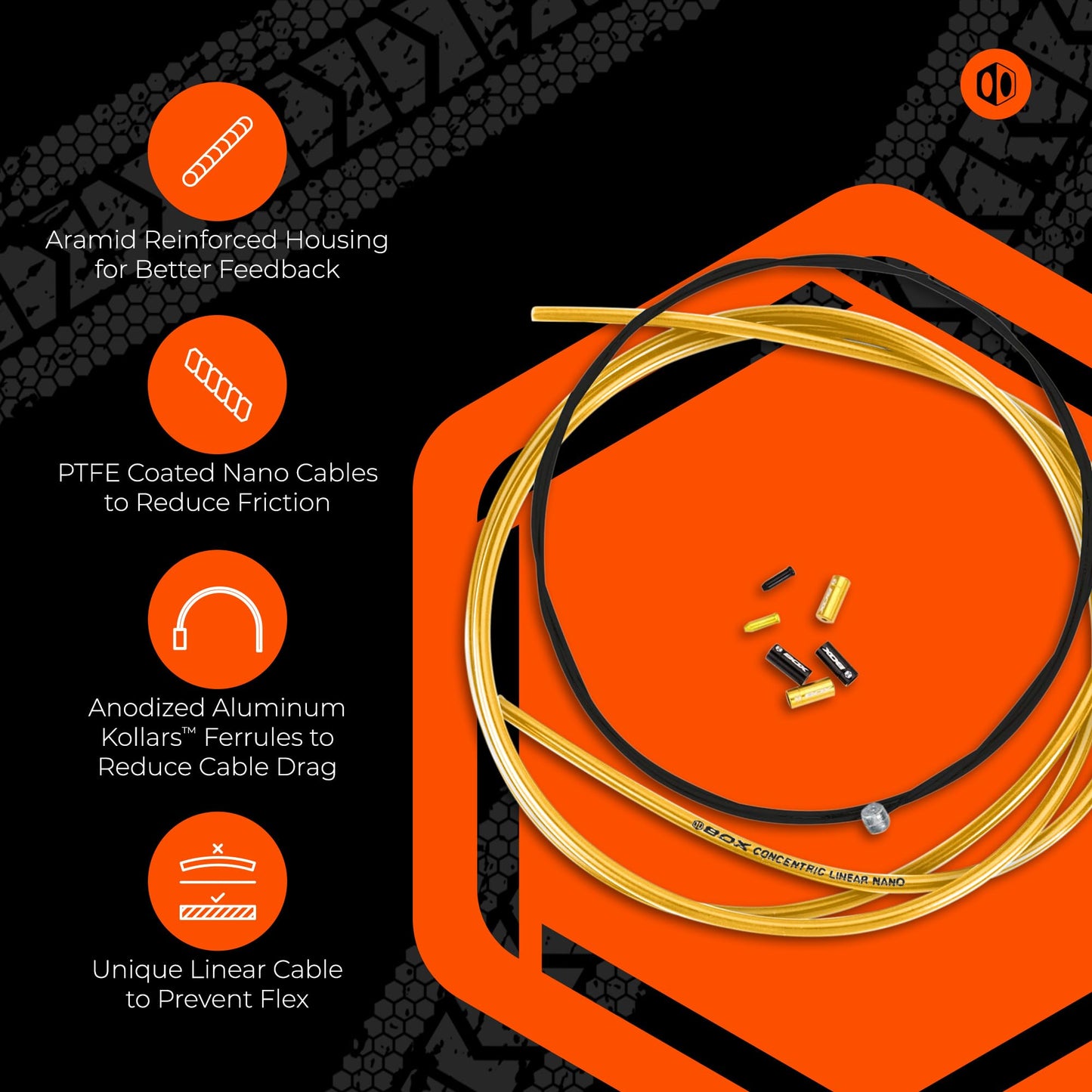 Box One Linear Bicycle Brake Cable Housing Kit with 1 Set Bike Brake Line, 1 Piece Bike Cable Housing with 2 End Caps & 4 Alloy Kollars Ferrule Compatible for All V Brakes | Gold