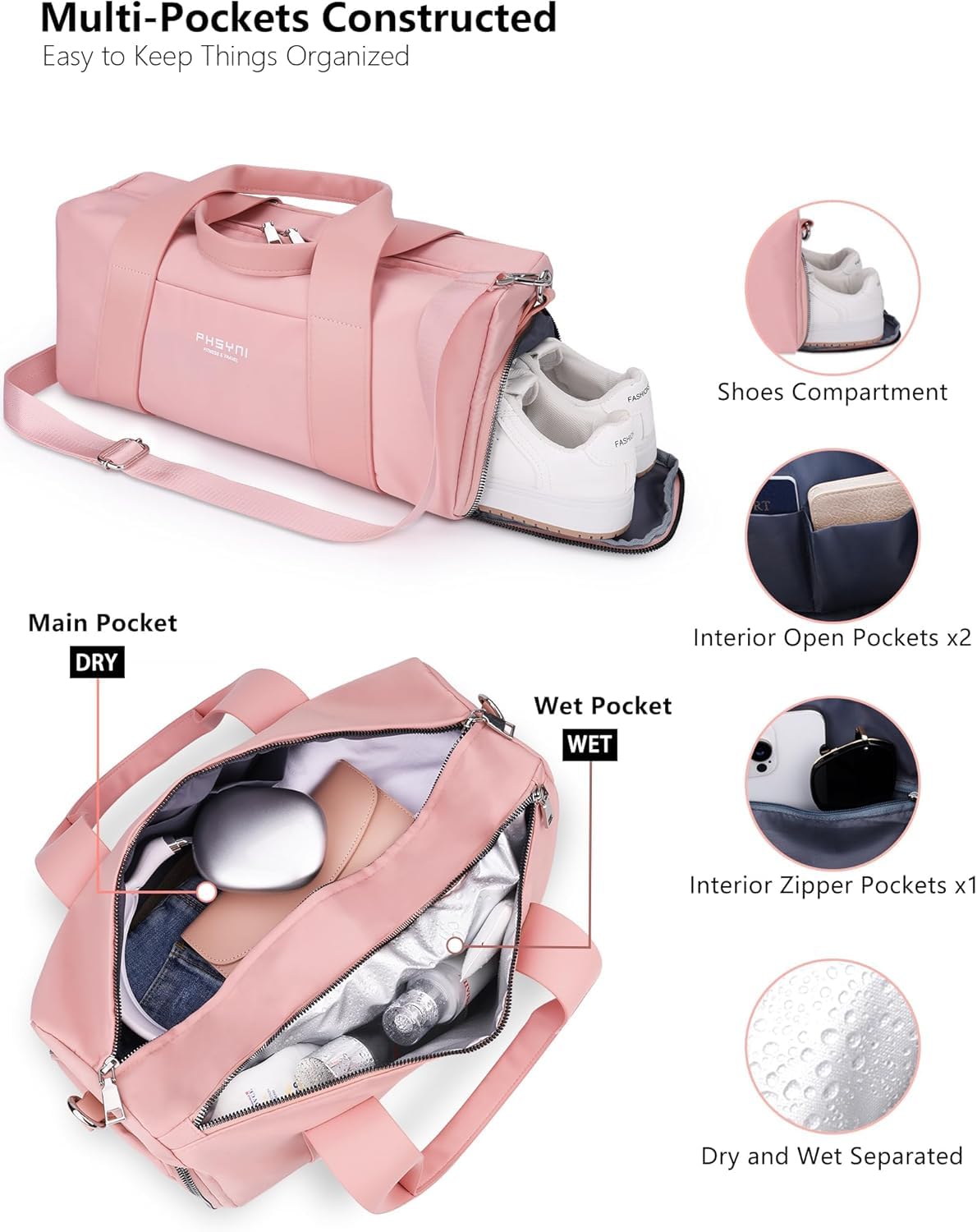 16" Gym Bag for Women,with Shoes Compartment and Waterproof Pocket(Pink)