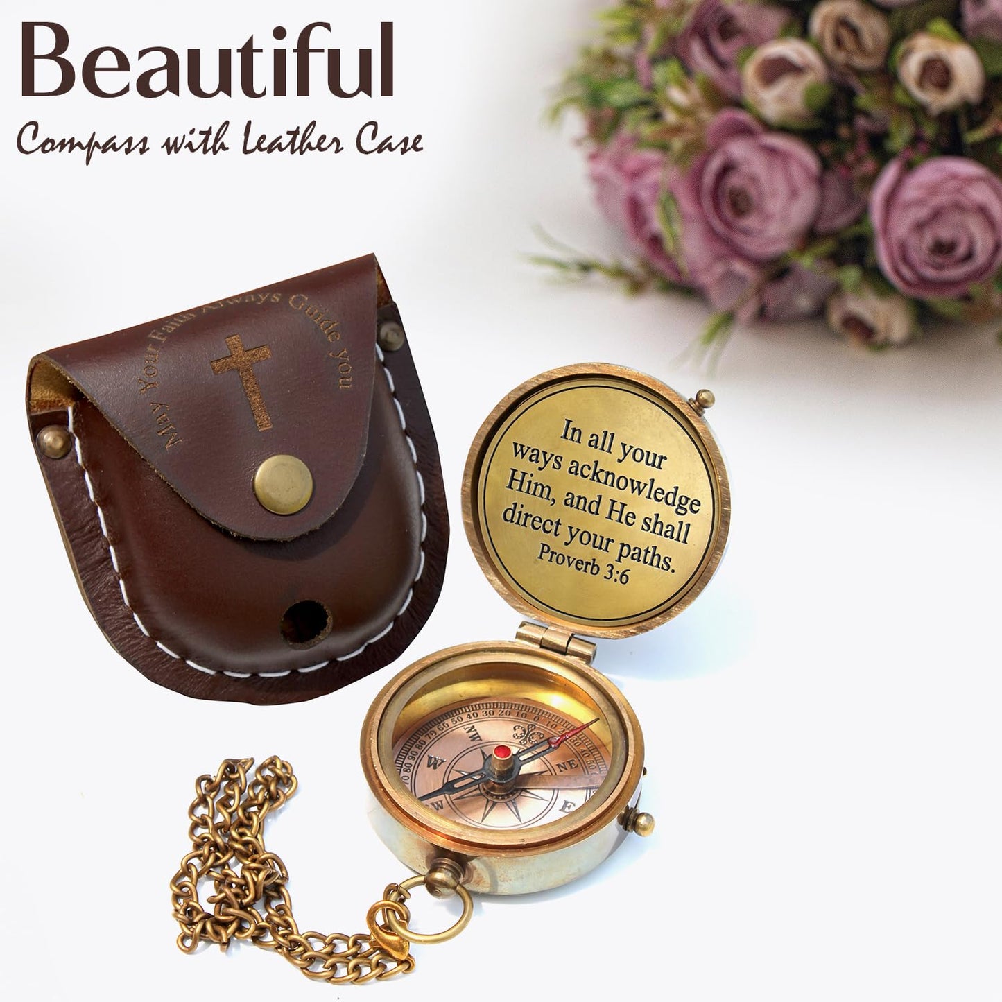 May Your Faith Always Guide You Engraved Working Compass with Leather Case Compass Religious Gift for Men & Women - Baptism, Confirmation, Communion Compass for Boys Graduation Gift