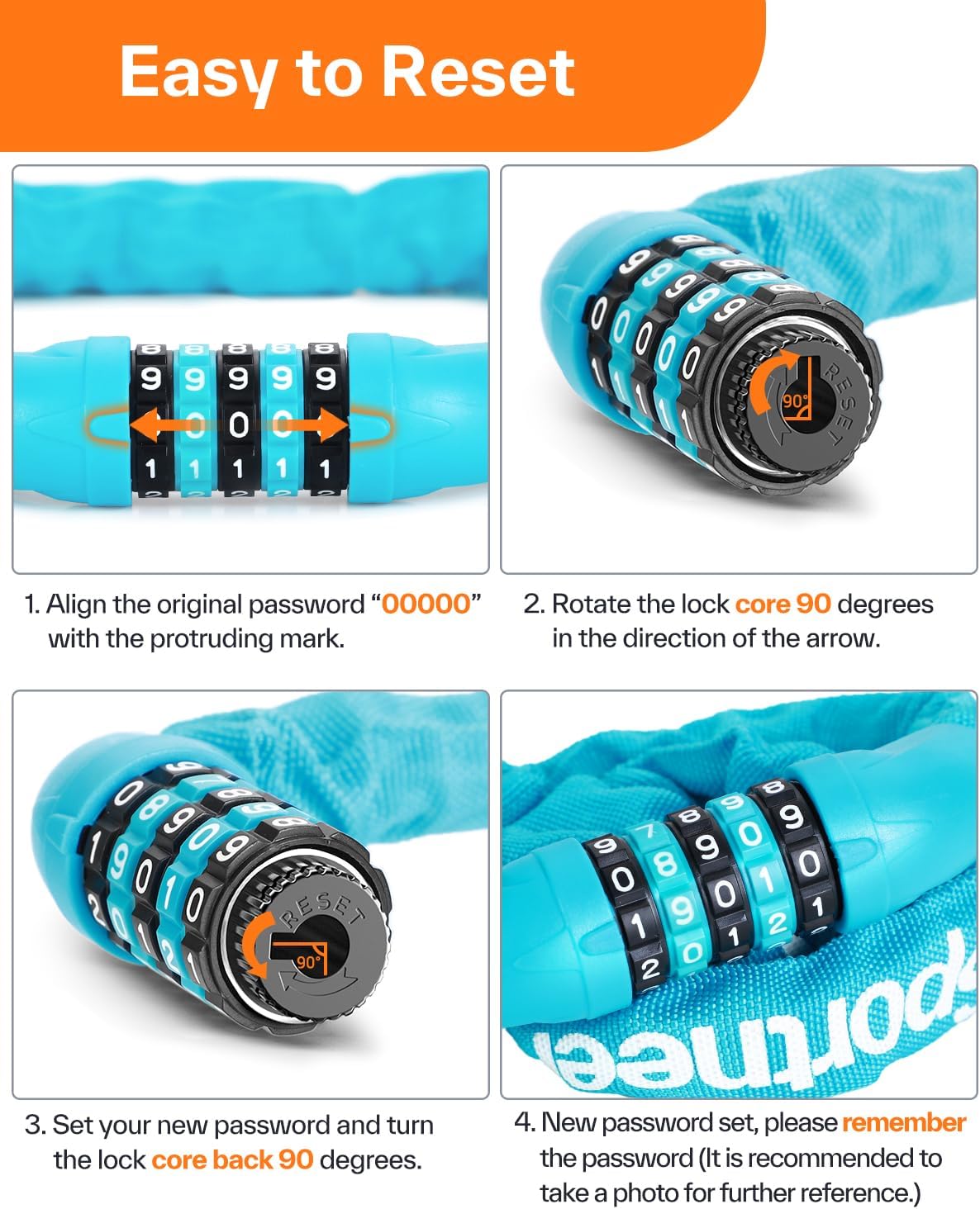 Sportneer Bike Lock - High Security 5-Digit Combination Chain Lock | 3.2/3.6/4ft Heavy Duty Keyless Design, 4/6mm Thick
