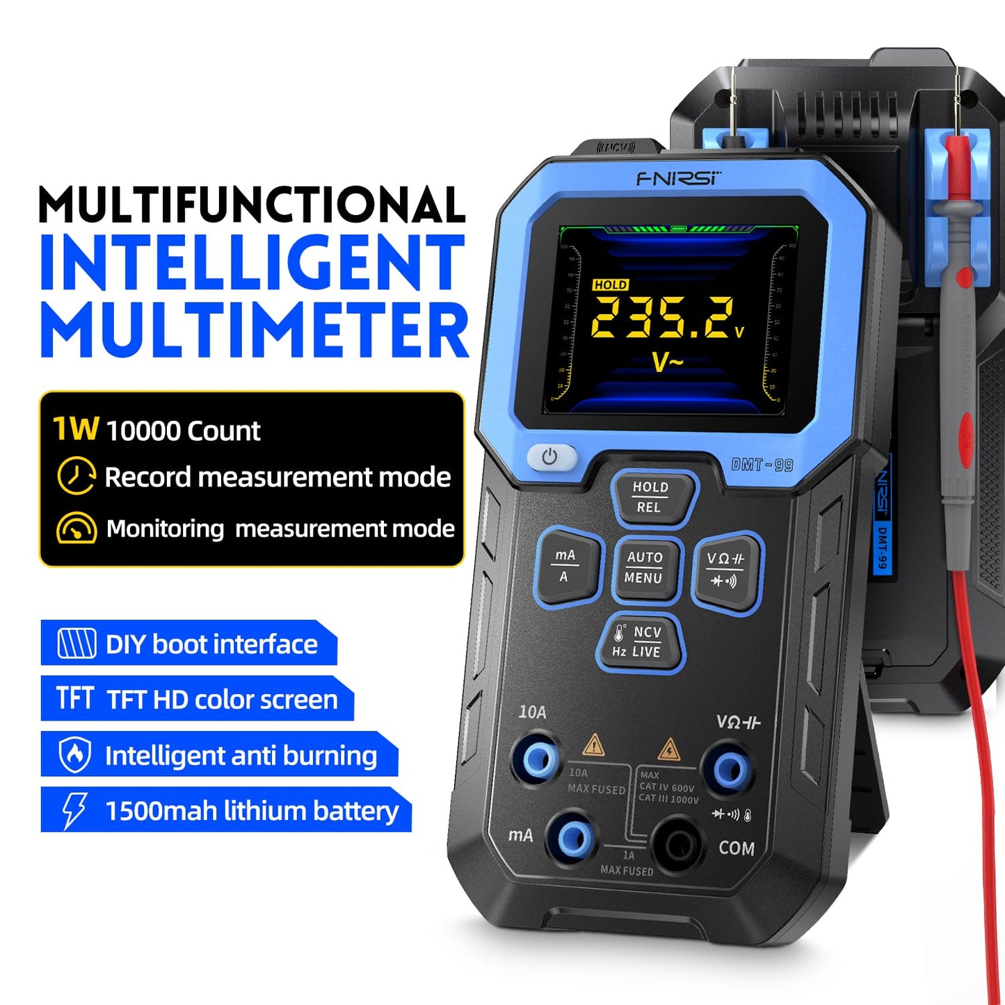 FNIRSI DMT-99 Rechargeable Digital Multimeter 9999 Counts TRMS - Auto-Ranging Volt Meter with Data Logging, NCV, Resistance, Capacitance & Frequency Testing