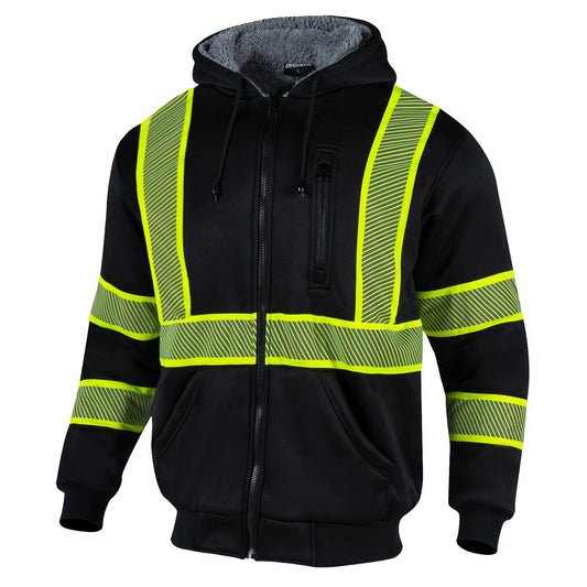Drizomo High Visibility Sherpa Fleece Hoodie for Men Safety Reflective Sweatshirt ANSI Class 1 Hi Vis Jacket with Zipper(Black,XL)