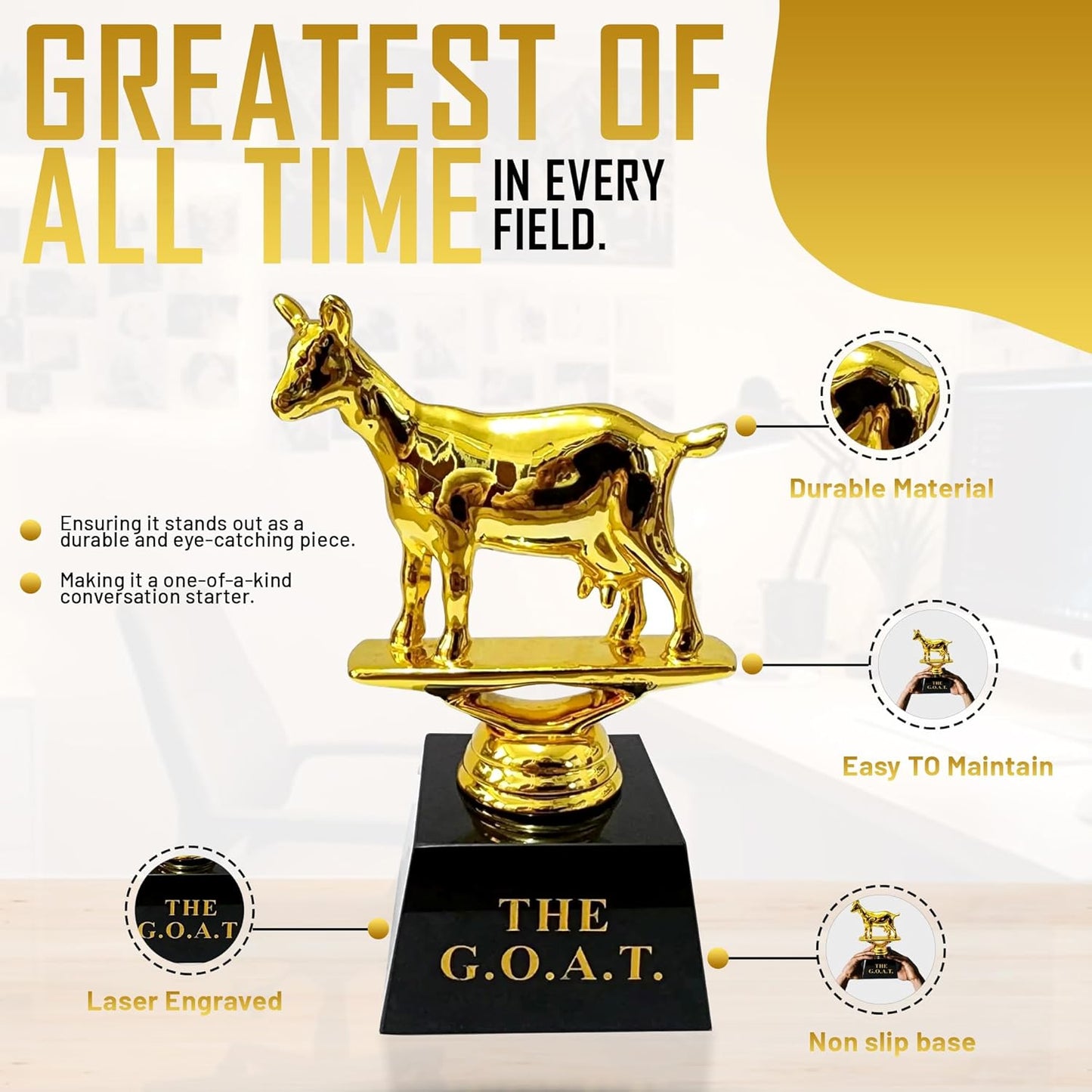 Vaulted Skulls & Co Goat Trophy | Greatest of All Time Trophy (G.O.A.T) | G.O.A.T Trophy | Sports Team Trophies | Funny Office Trophy | Gold/Black
