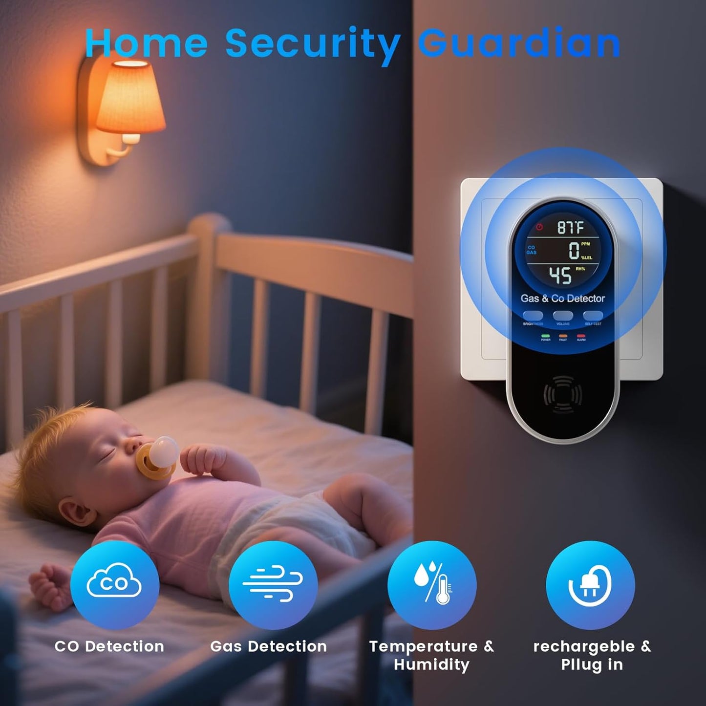 5-in-1 Carbon Monoxide & Natural Gas Detector with Temperature & Humidity Sensor - Battery Backup, LED Display, Sound & Light Alerts for Home & Hotel
