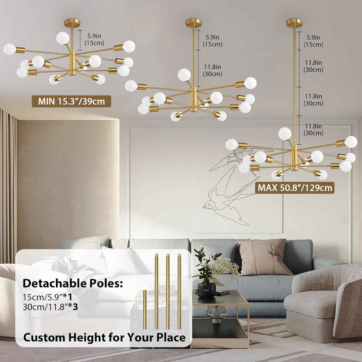 8-Light Gold Sputnik Chandelier - Modern Adjustable Ceiling Light for Dining Room, Kitchen & Foyer