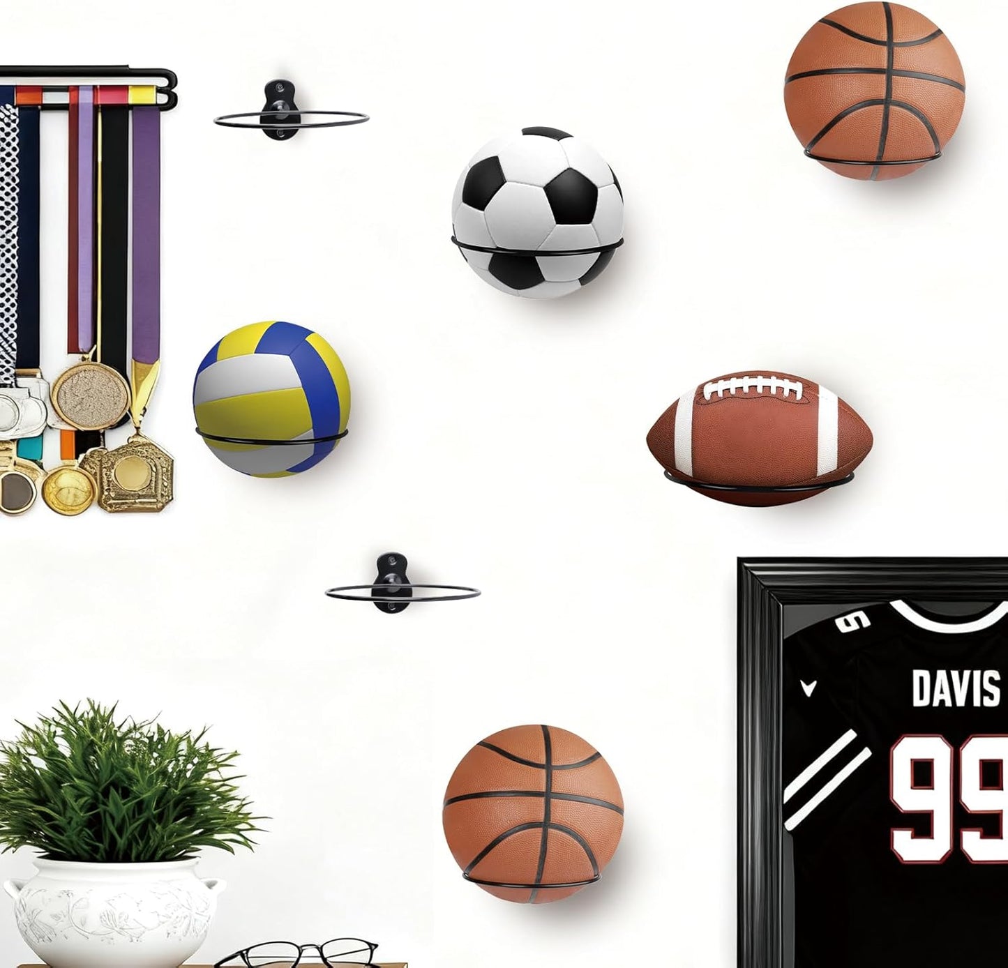 Skiennix Basketball Holder Wall Mount - 7-Inch Metal Ball Storage Rack for Basketball, Football & More | 2-Pack