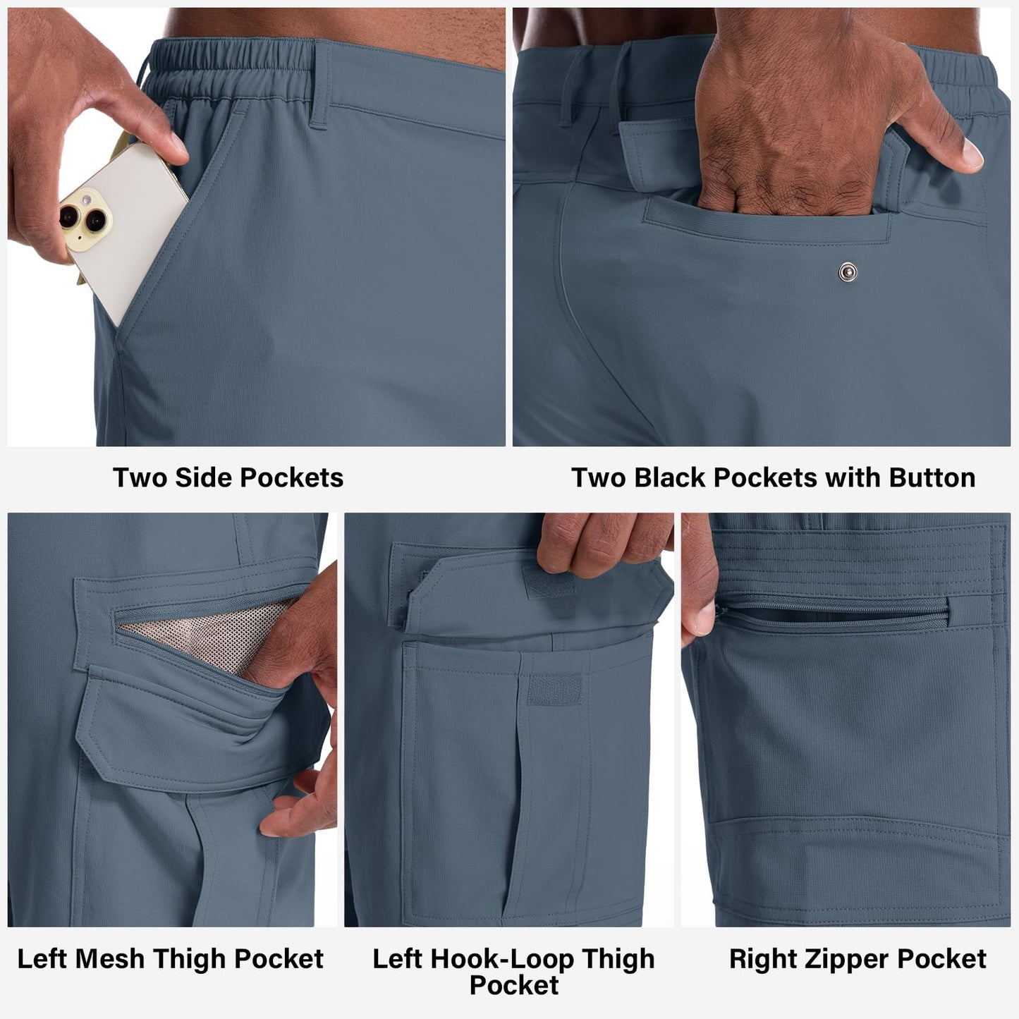 Jessie Kidden Mens Outdoor Casual Expandable Waist Lightweight Water Resistant Quick Dry Fishing Hiking Shorts (6222 Solid Blue Grey 38)