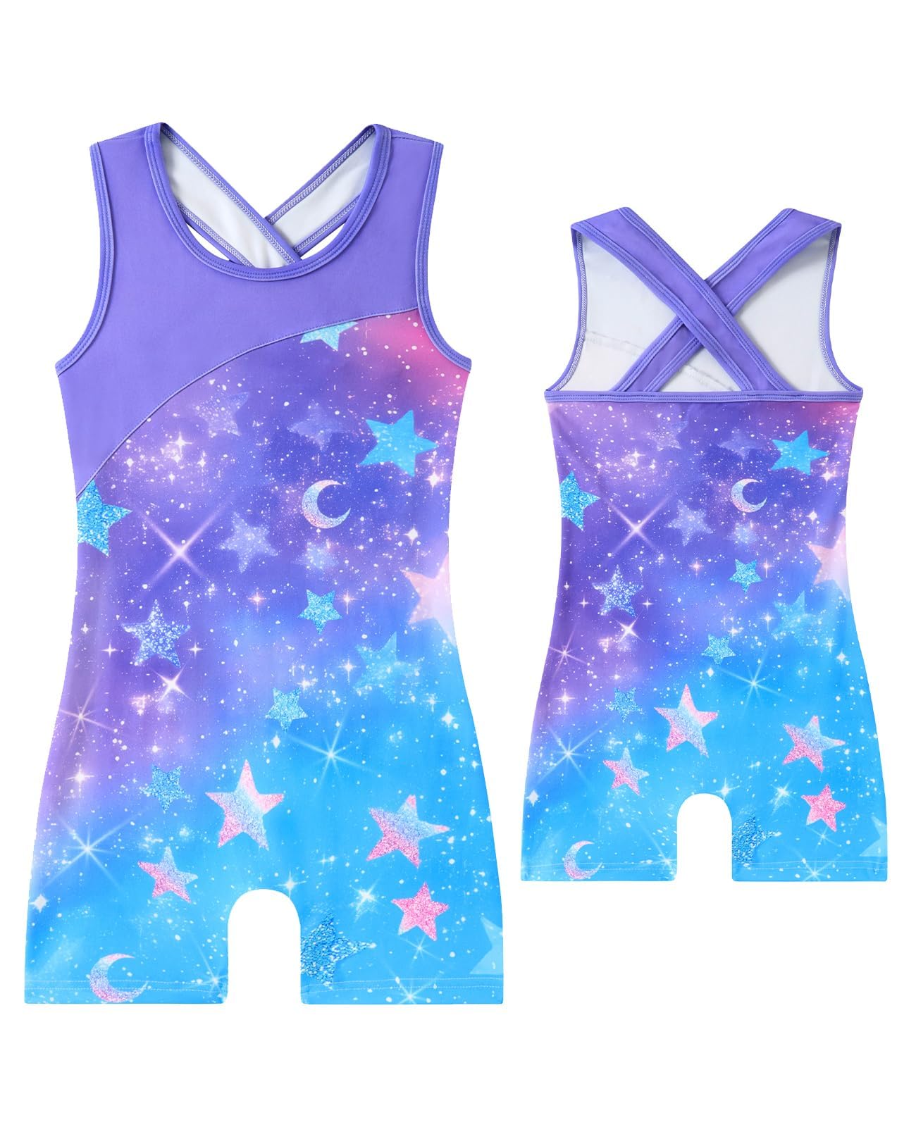 uideazone Gymnastics Leotards for Girls 4t 5t Criss-Cross Strap Tumbling Biketard One Piece Blue Stars Printed Dance Wear