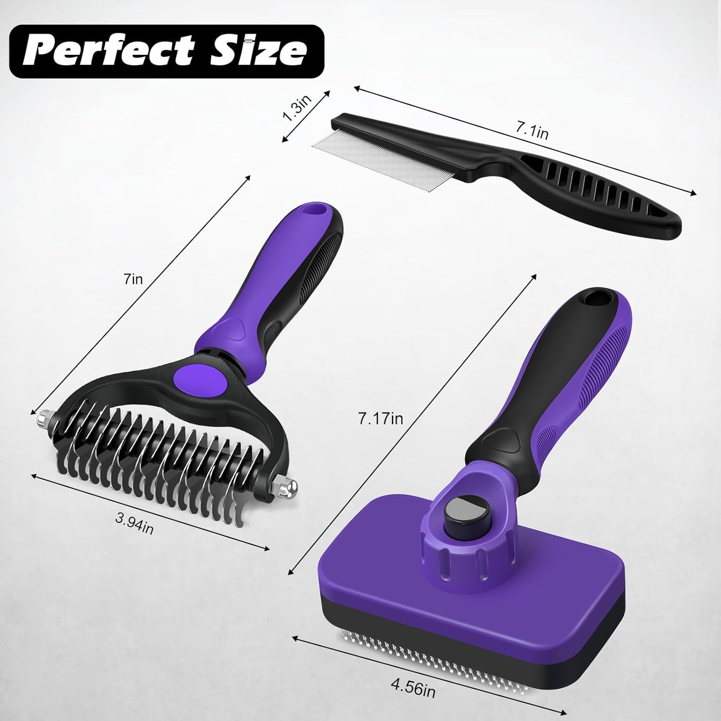 Skiennix Self-Cleaning Slicker Brush Set - Double-Sided Grooming Rake & Flea Comb for Dogs, Cats, Horses | Skin-Friendly Deshedding Tool (Purple)