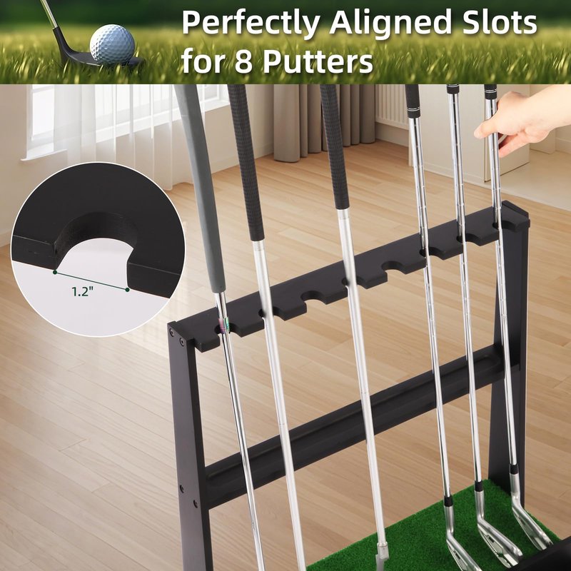EnigmaSoul Wooden Golf Putter Stand with Ball Storage - Holds 8 Clubs & 22 Golf Balls, Space-Saving Golf Club Holder for Indoor/Home/Office/Simulator/Driving Range - Golf Accessories & Training Aid