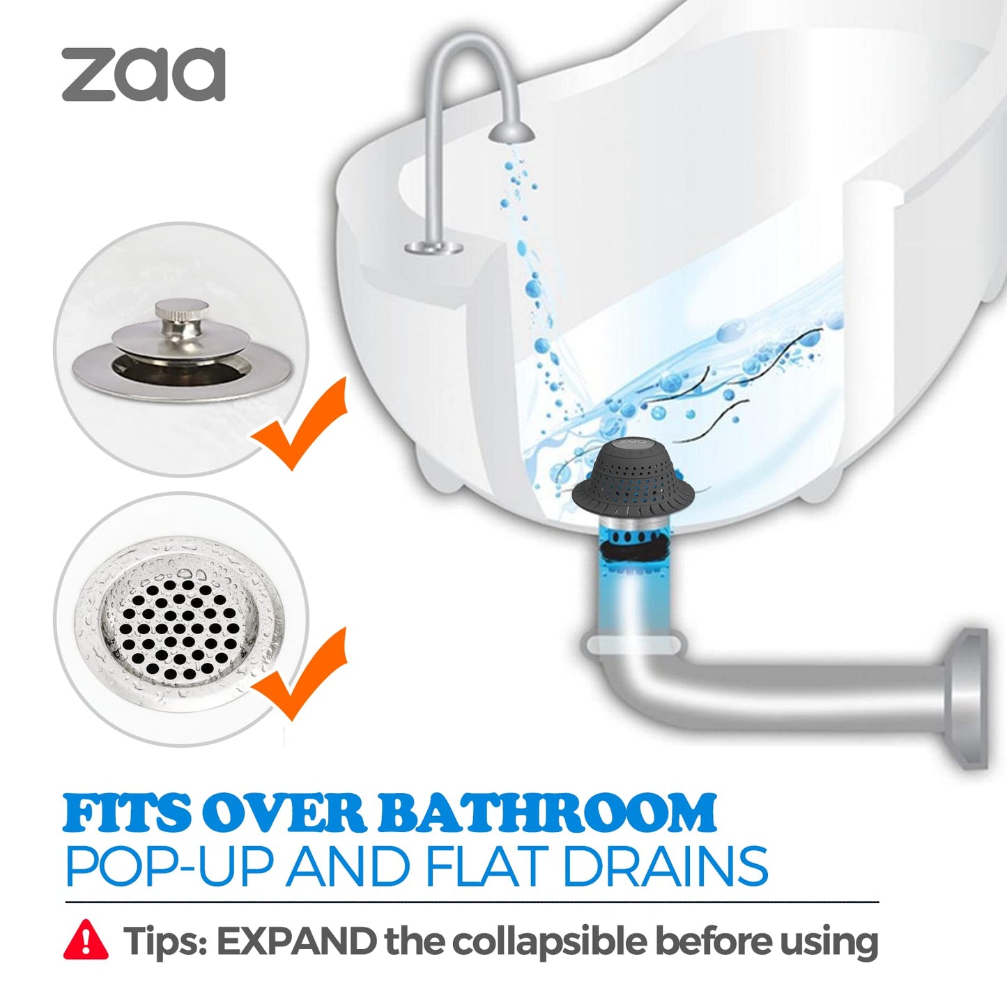 zaa Bathtub Drain Hair Catcher, Premium Silicone Collapsible One Pack Drain Protector for Pop-Up and Regular Drains of Shower, Bathtub, Tub, Bathroom, Sink, Black