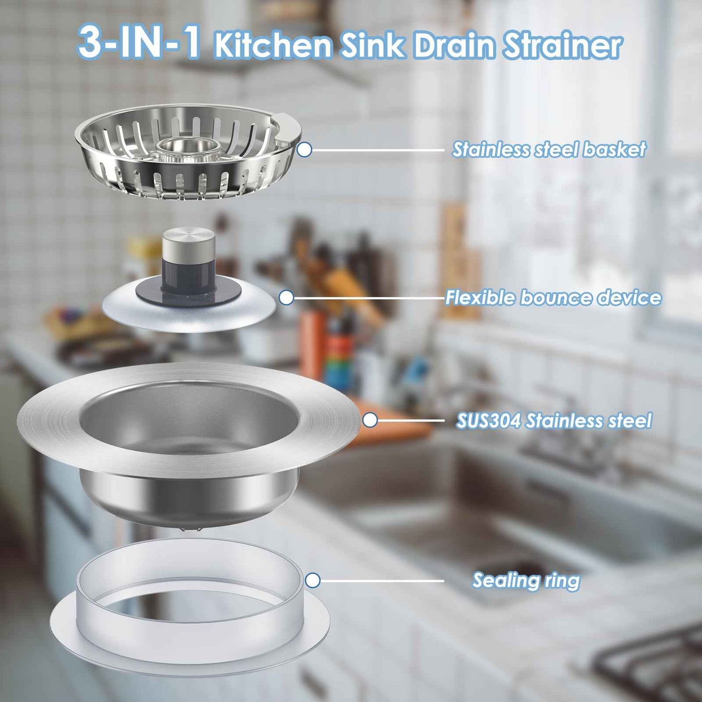 Semour 3 in 1 Kitchen Sink Drain Strainer, 304 Stainless Steel Kitchen Sink Stopper, Pop Up Kitchen Sink Strainer, Fast Drainage Anti-Clogging Sink Plug for US Standard 3-1/2 Inch Drain(2Pack)