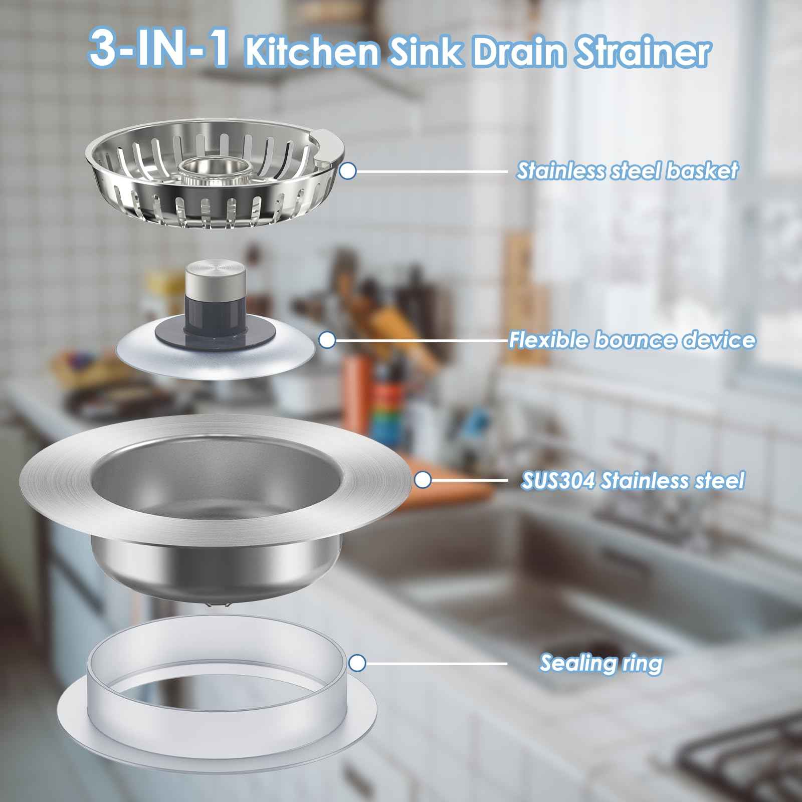 Semour 3 in 1 Kitchen Sink Drain Strainer, 304 Stainless Steel Kitchen Sink Stopper, Pop Up Kitchen Sink Strainer, Fast Drainage Anti-Clogging Sink Plug for US Standard 3-1/2 Inch Drain(2Pack)