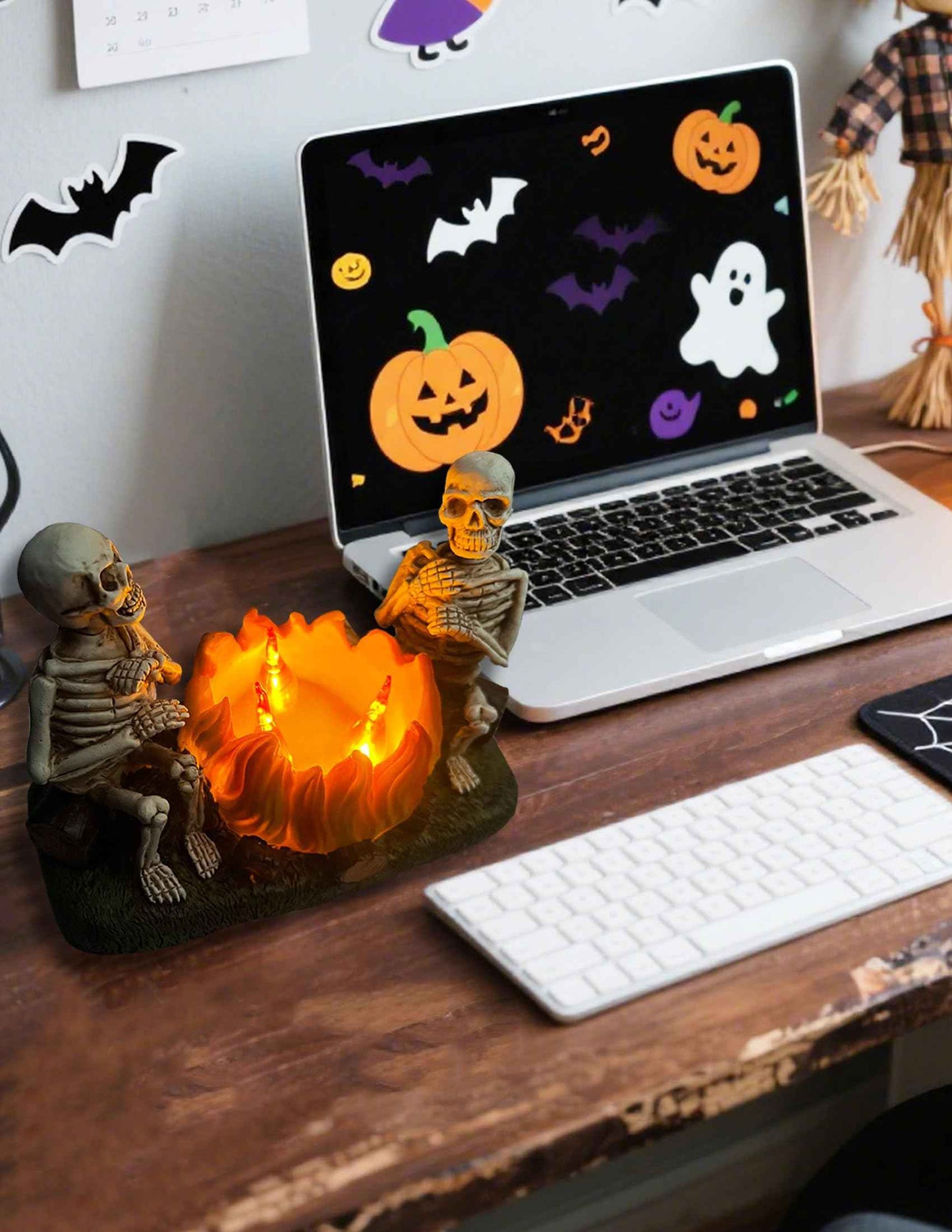 Htscudtg Halloween Skeleton with Pumpkin Campfire Nightlight, Flickering 3D Flameless Lights Halloween Indoor Decor, Light Up Jack O Lantern, Scary Skull Statue Lamp for Table Mantel