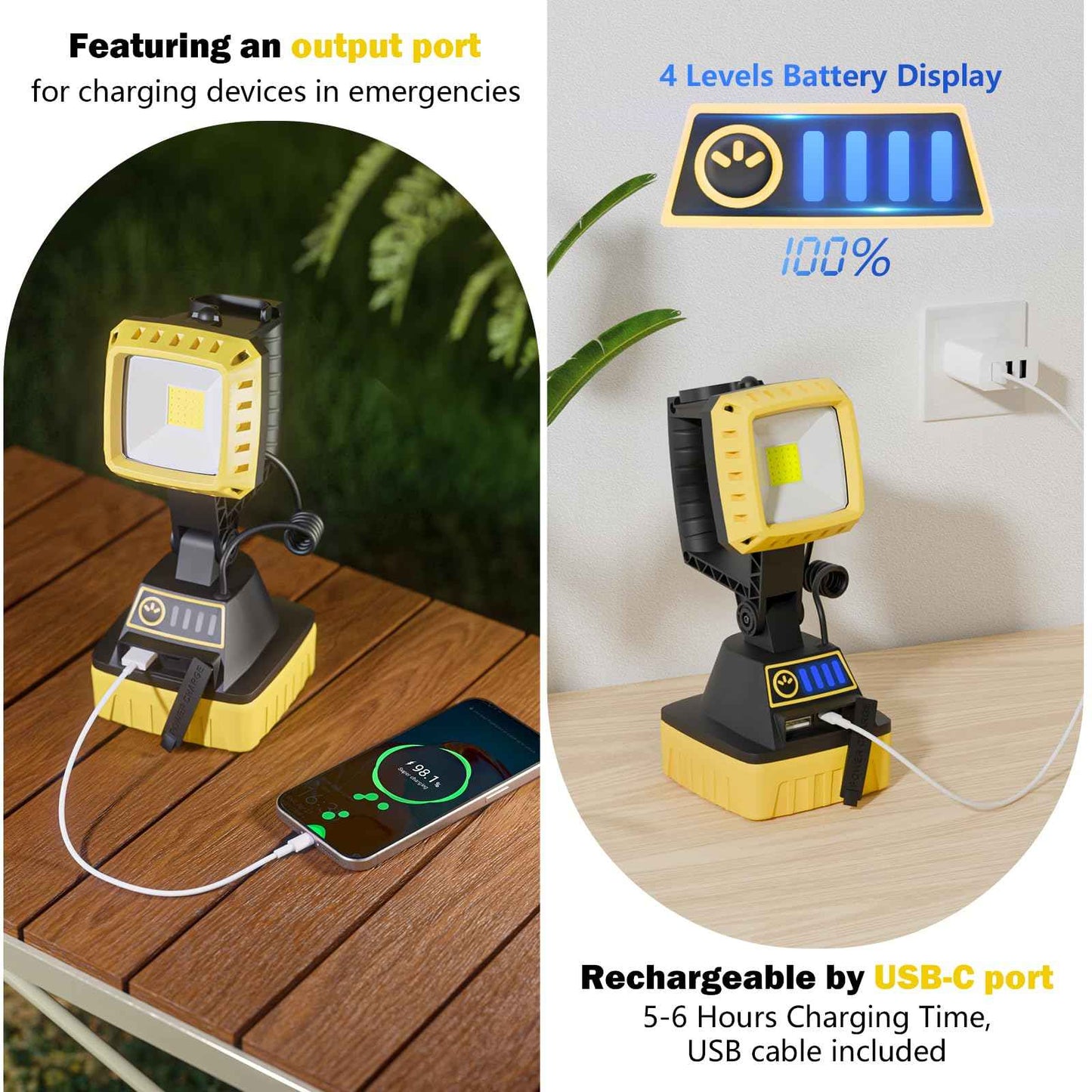 WENFENG Rechargeable LED Work Light, 3 Modes Rotate Spotlight Flashlight, Magnetic Base and Hook Mechanic Light, Waterproof Handheld Spot Light Searchlight for Outdoor, Repairing, Emergency