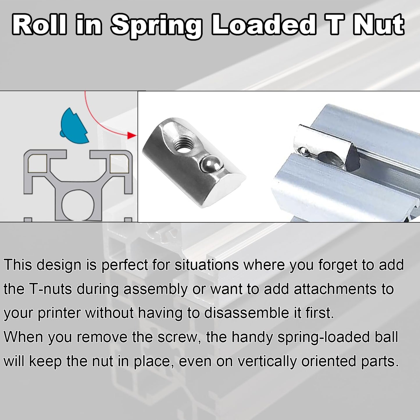 M3 Roll in Spring Loaded T Nut 100pcs M3x0.5mm T-Nuts Carbon Steel Nickel Plated for 20x20 20 Series Aluminum Extrusions 3D Printer Replacement Tiny Nuts