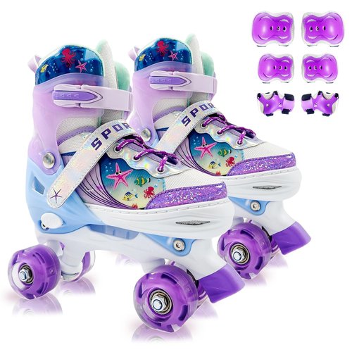 Adjustable Kids Roller Skates for Girls and Boys Ages 3-5 5-8 8-12, All 8 Wheels of Girl's Skates Shine, Safe and Fun Illuminating for Outdoor Indoor Sports with Protective Gear Set