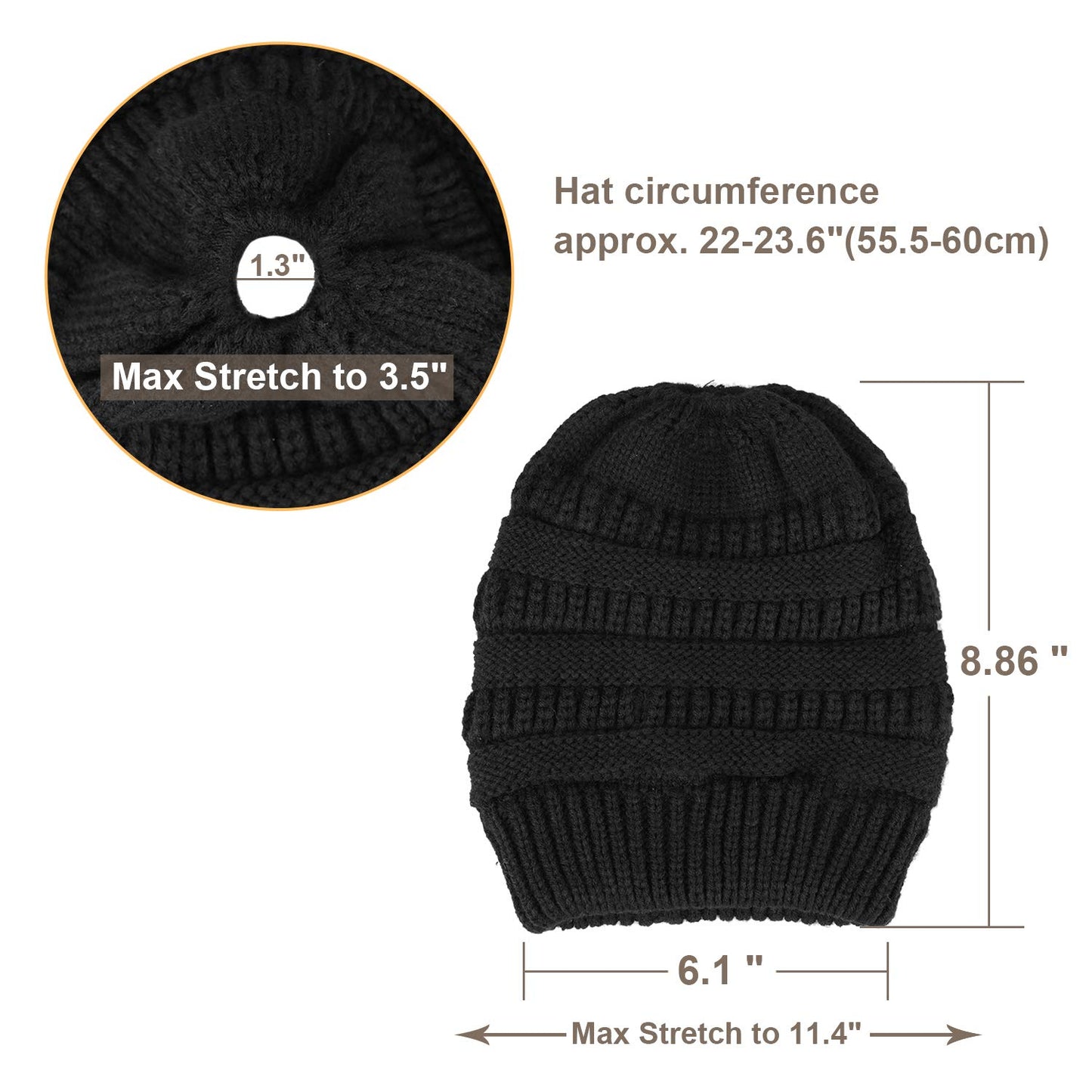 KRATARC Winter Warm Knit Ponytail Hat Beanie Tail Cap for Runner Women Youth Girl (Black & Grey)