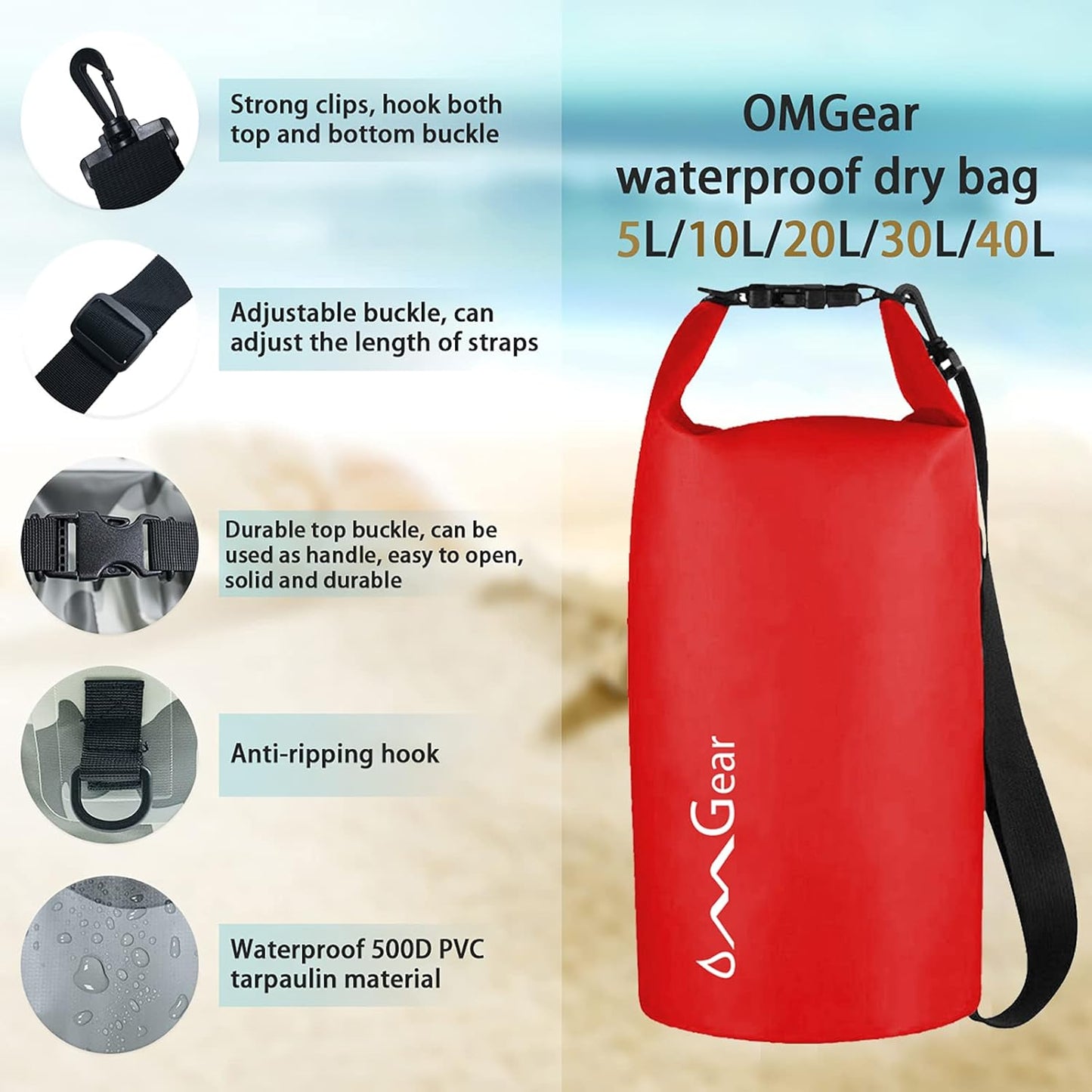 OMGear Waterproof Dry Bag Backpack - Floating Phone Pouch for Kayaking | Available in 40L, 30L, 20L, 10L, 5L