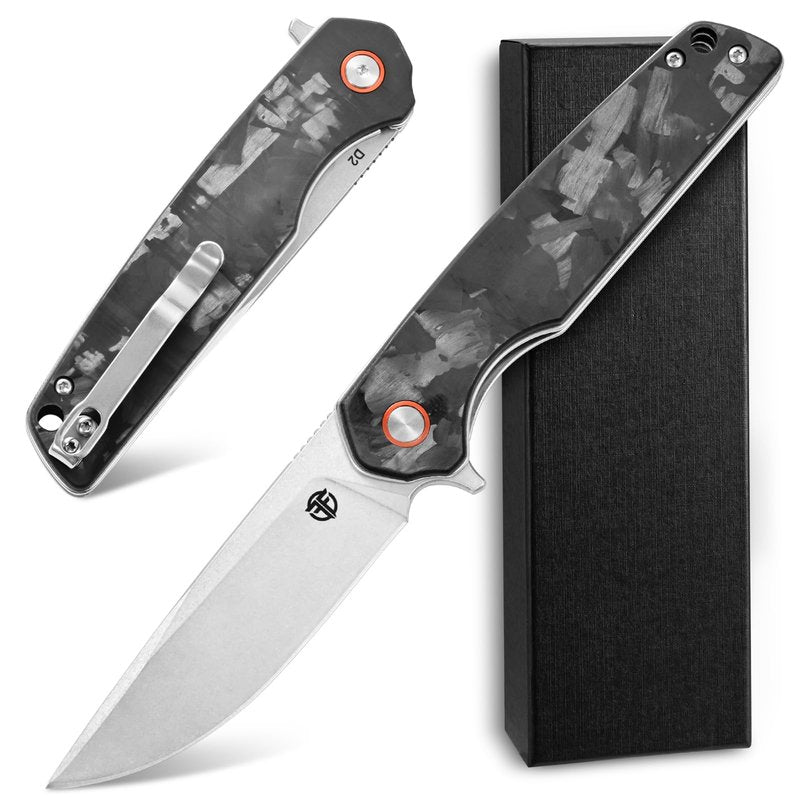 CCFFCC FF19 Folding Pocket Knife，D2 Steel Blade Carbon Fiber Handle EDC Tool Knife for Outdoor Camping Hunting Fishing Working(Black)