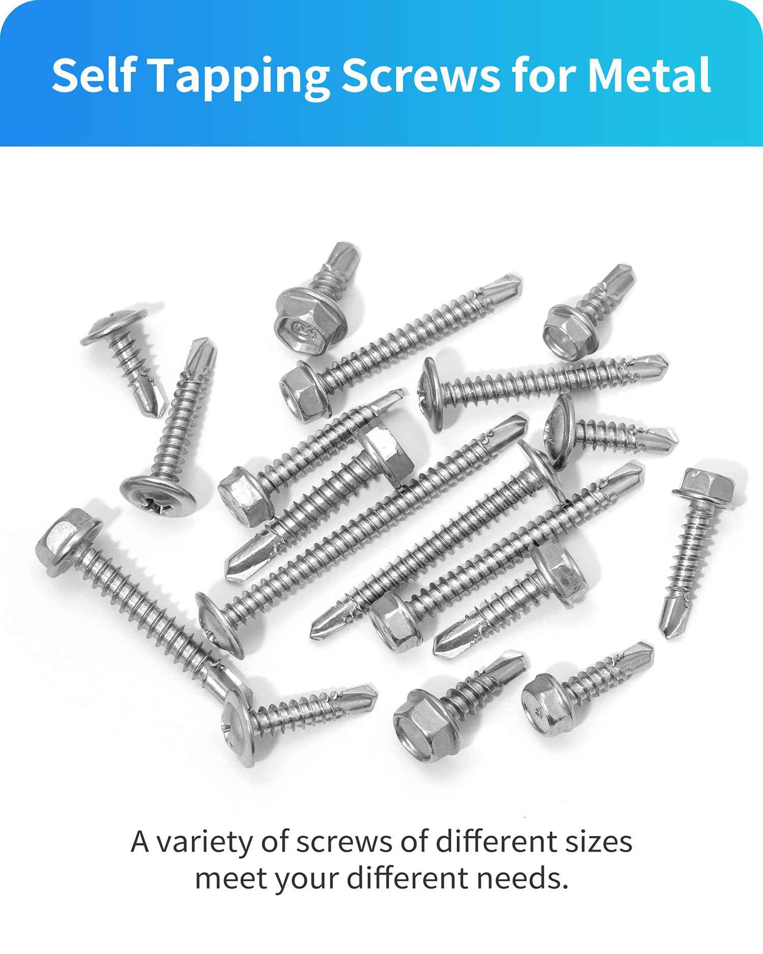 425PCS Self Tapping Screws for Metal, 410 Stainless Steel Self Drilling Screw #8#10 Phillips Wafer & Hex Washer Screws for Metals Assortment Kits, Length 1/2" 3/4" 1" 1-1/2" 2" (Silver)